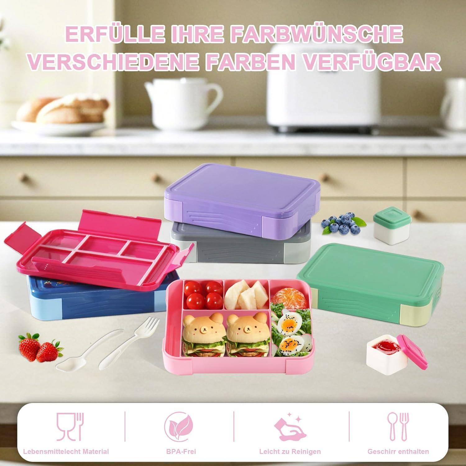 Drei farbenfrohe Lunchboxen, geöffnet und mit Mahlzeiten wie Sandwiches, Obst und Reis gefüllt. Text lautet: 'Erfülle Ihre Farbwünsche Verschiedene Farben Verfügbar'.