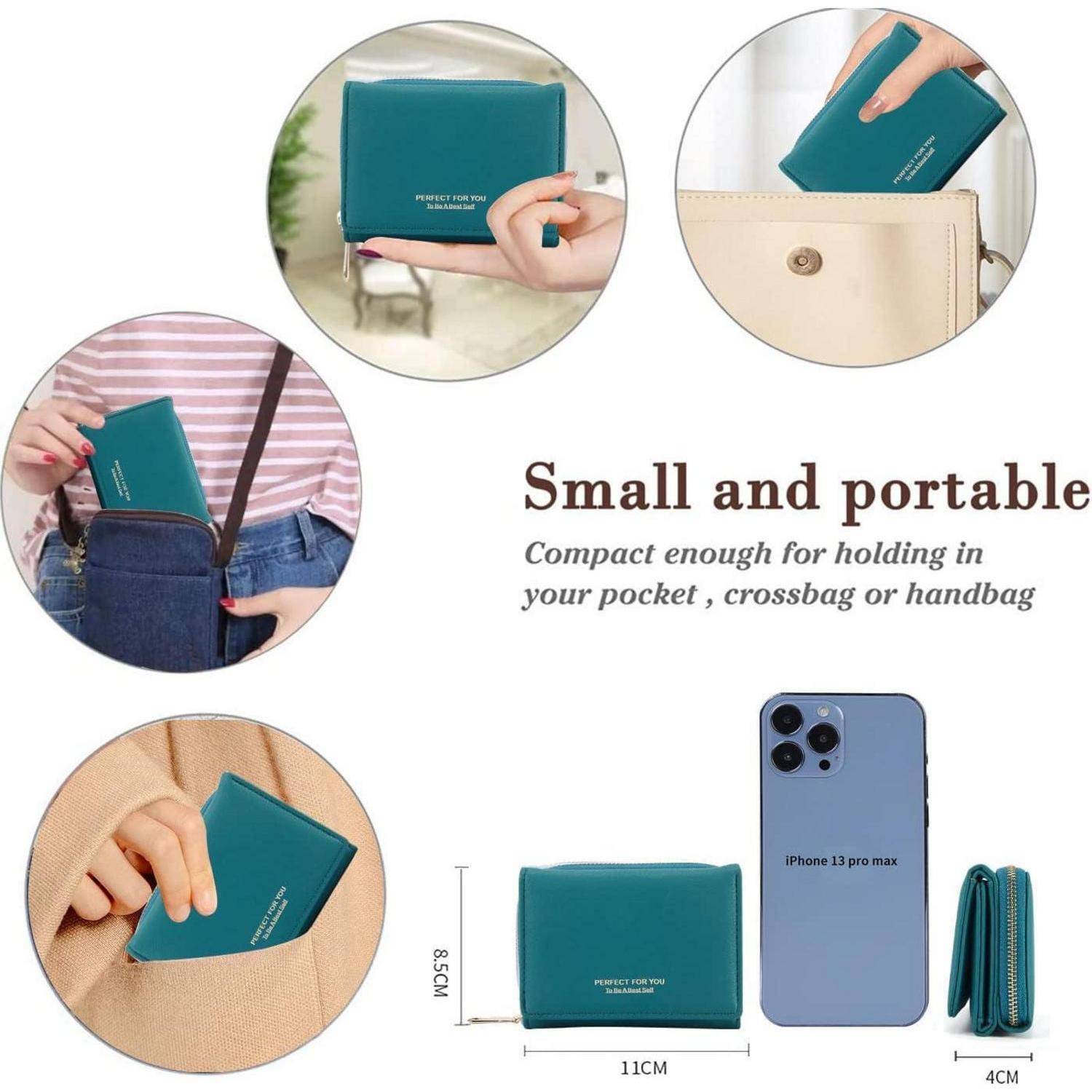 Kleiner und tragbarer' Geldbörse, die in eine Tasche, Umhängetasche und Handtasche passt. Abmessungen: 11 cm x 8 cm x 4 cm, im Vergleich zu einem iPhone 13 Pro Max.