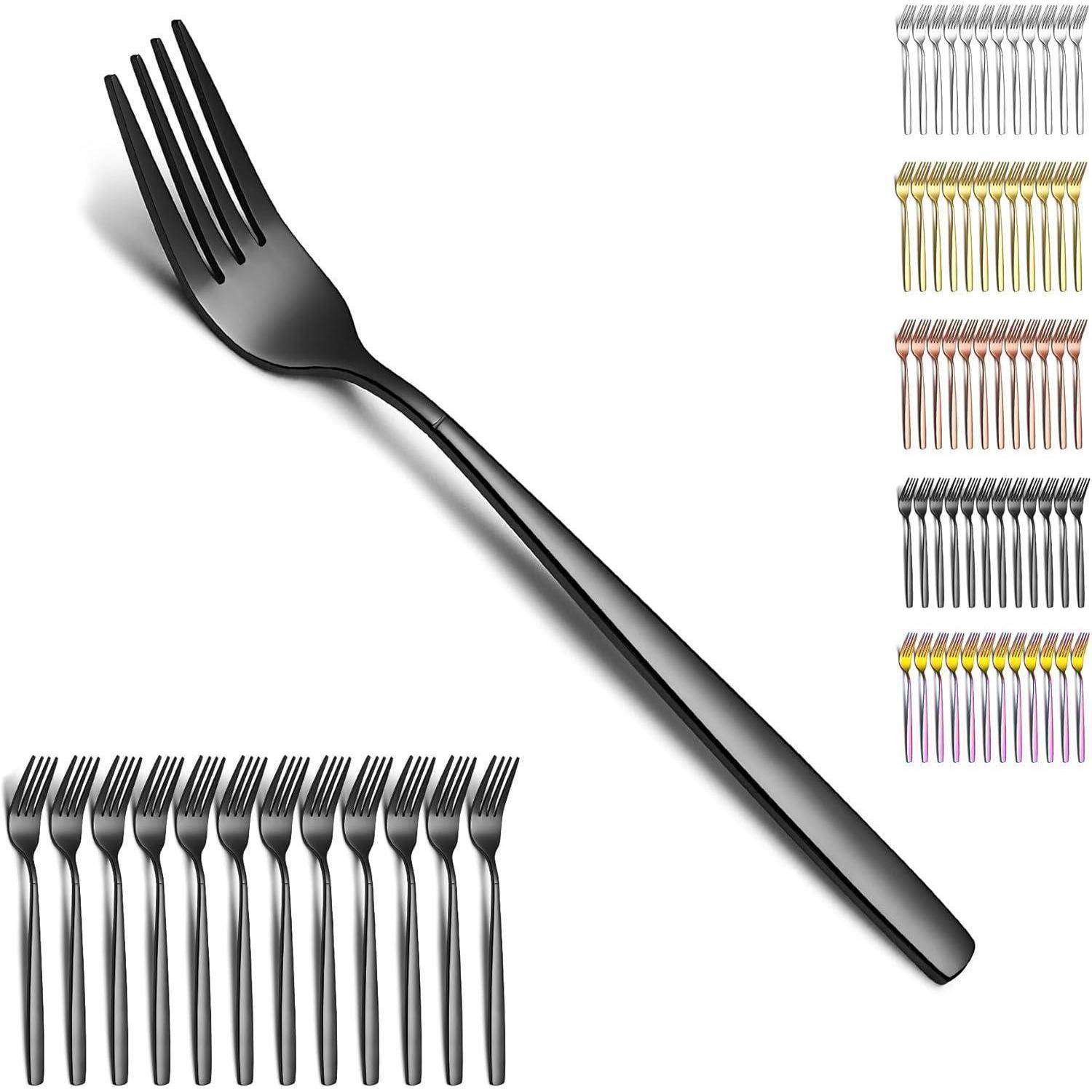 Eine große schwarze Gabel ist zentriert und umgeben von kleineren Gabeln in verschiedenen Farben, darunter Gold, Rosa und Silber, die in einem Gitterraster angeordnet sind.