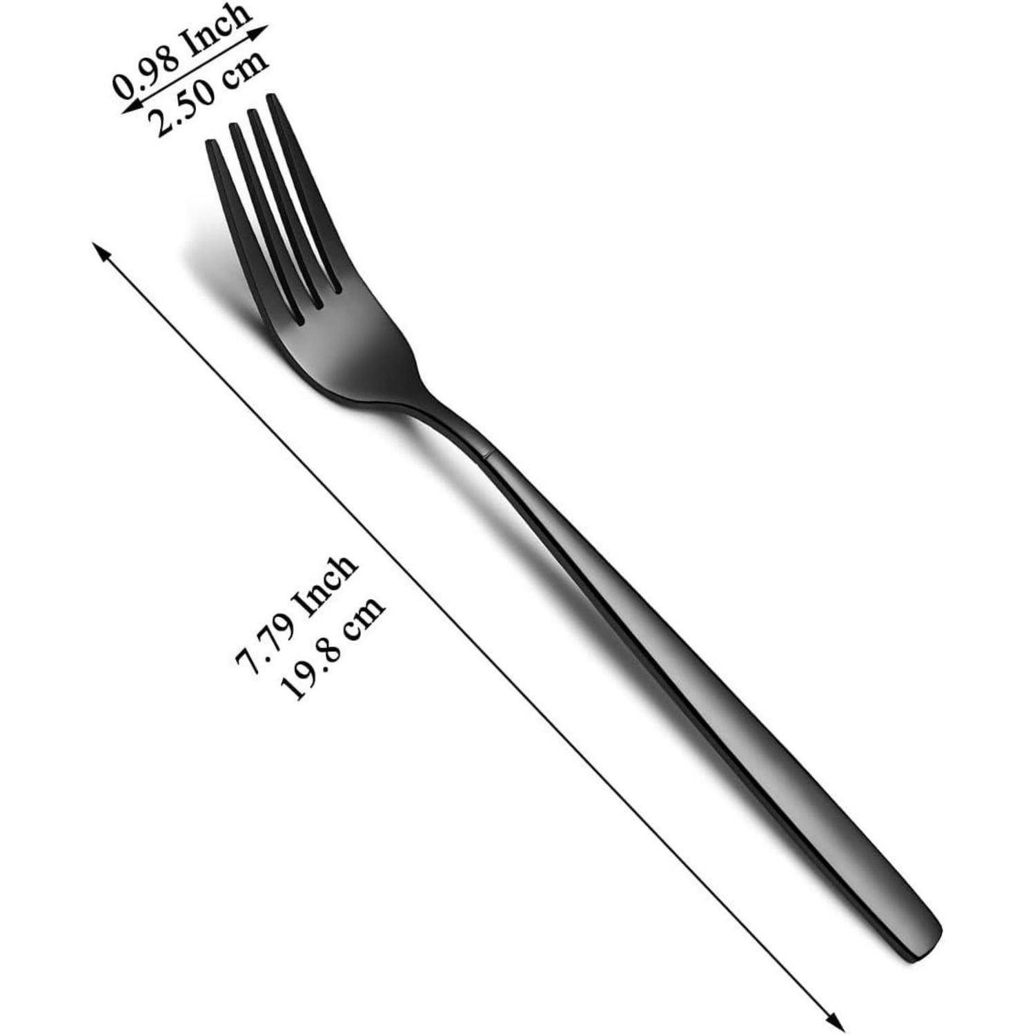 Eine schwarze Gabel mit Maßangaben: Länge 7,79 Zoll (19,8 cm), Breite 0,98 Zoll (2,5 cm), dargestellt mit Pfeilen, die die Abmessungen angeben.