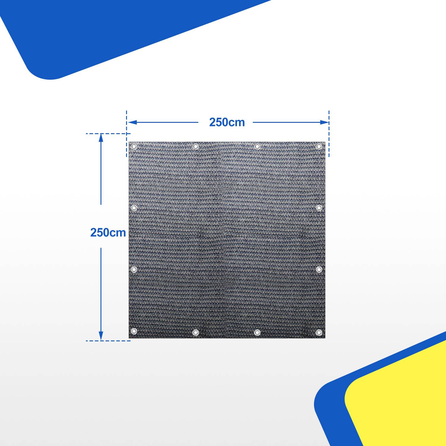 Ein quadratisches schwarzes Panel mit gewebter Textur, misst 250 cm x 250 cm. Blaue Pfeile zeigen die Maße an den linken und oberen Kanten an.