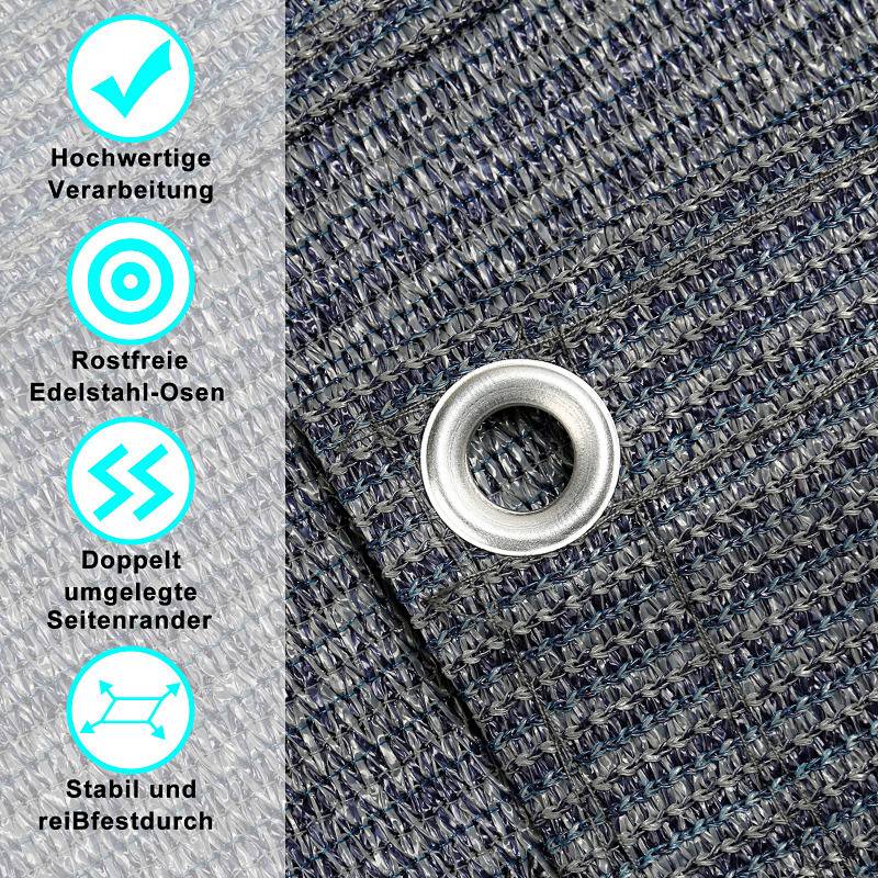 Detailaufnahme eines Stoffes mit Metalltülle. Icons und deutscher Text heben Merkmale hervor: hochwertige Verarbeitung, rostfreie Ösen, doppelt gesäumte Kanten, strapazierfähig und reißfest.