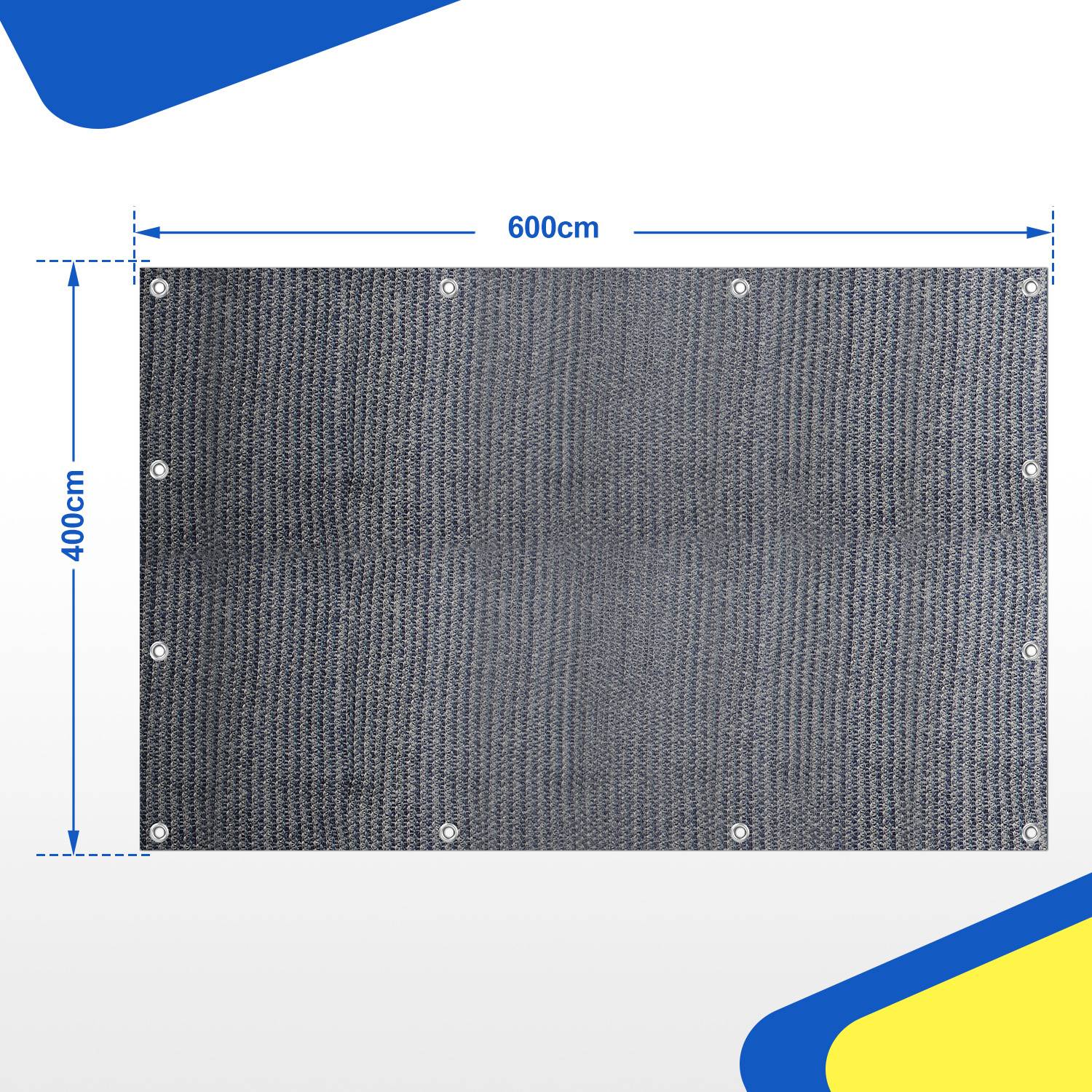 Eine graue rechteckige Plane wird gezeigt mit beschrifteten Abmessungen: 600 cm breit und 400 cm hoch. Blaue Pfeile zeigen die Maße an.