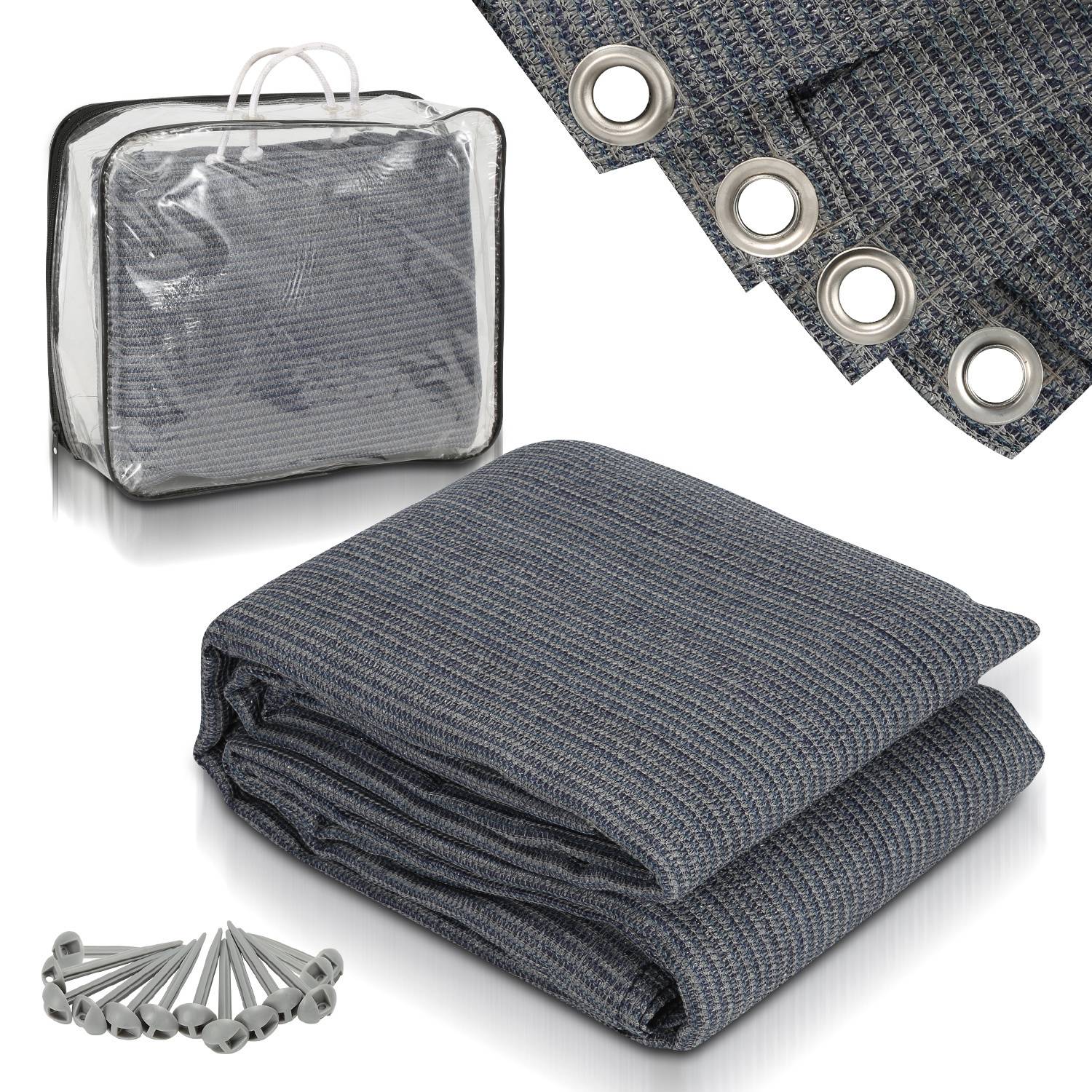 Robuste graue Plane mit Metallösen, zusammengefaltet in einer transparenten Transporttasche mit mitgelieferten Heringe, geeignet für verschiedene Outdoor-Anwendungen.