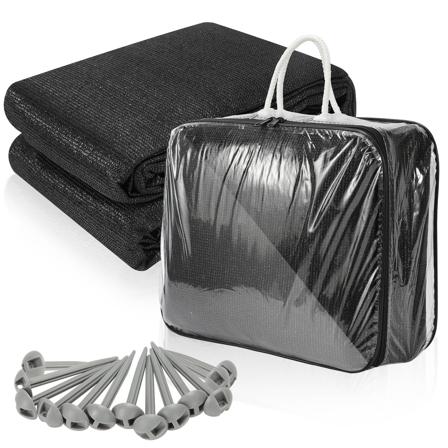 Schwarzes Gewächshaus-Schattentuch mit Heringsankern und einem Aufbewahrungsbeutel.