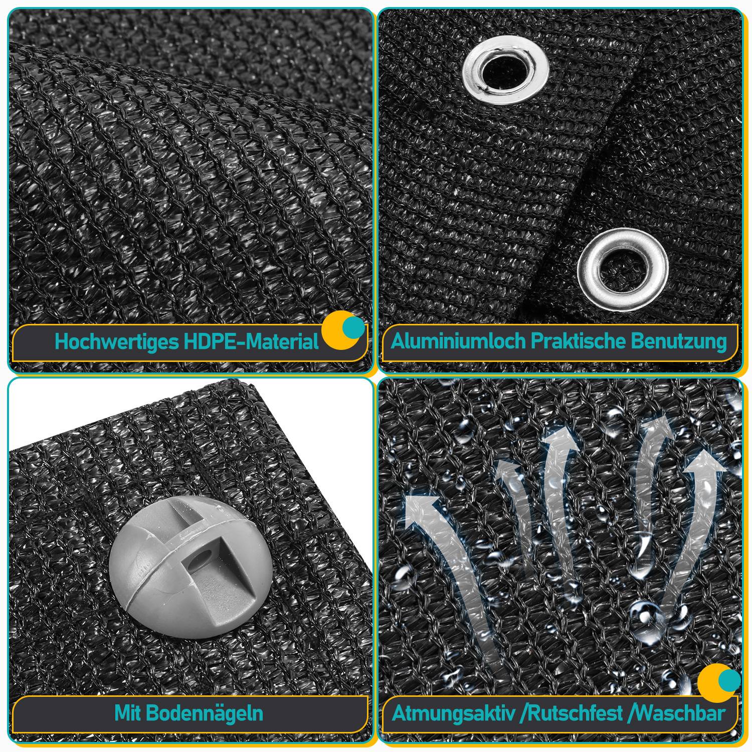 Das Bild zeigt vier Merkmale eines schwarzen HDPE-Materials: 'Aluminium-Ösen für einfache Handhabung', 'Mit Bodendübeln', 'Atmungsaktiv/rutschfest/waschbar', und 'Hochwertiges HDPE-Material'.