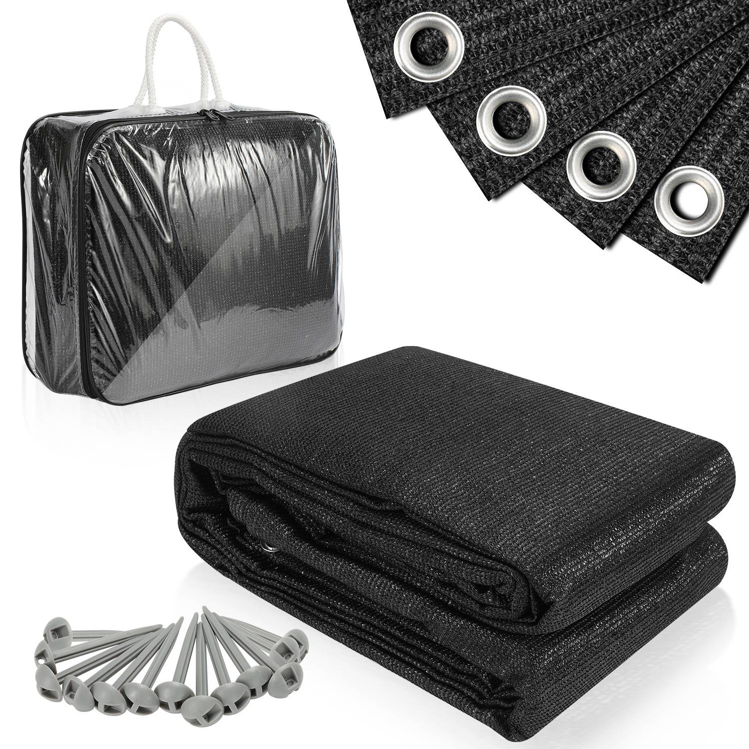 Ein Satz schwarzes Sonnenschutz-Schattennetz mit Ösen, gelagert in einem transparenten Beutel, zusammen mit einem Stapel Netzmaterial und mehreren Metallheringen.