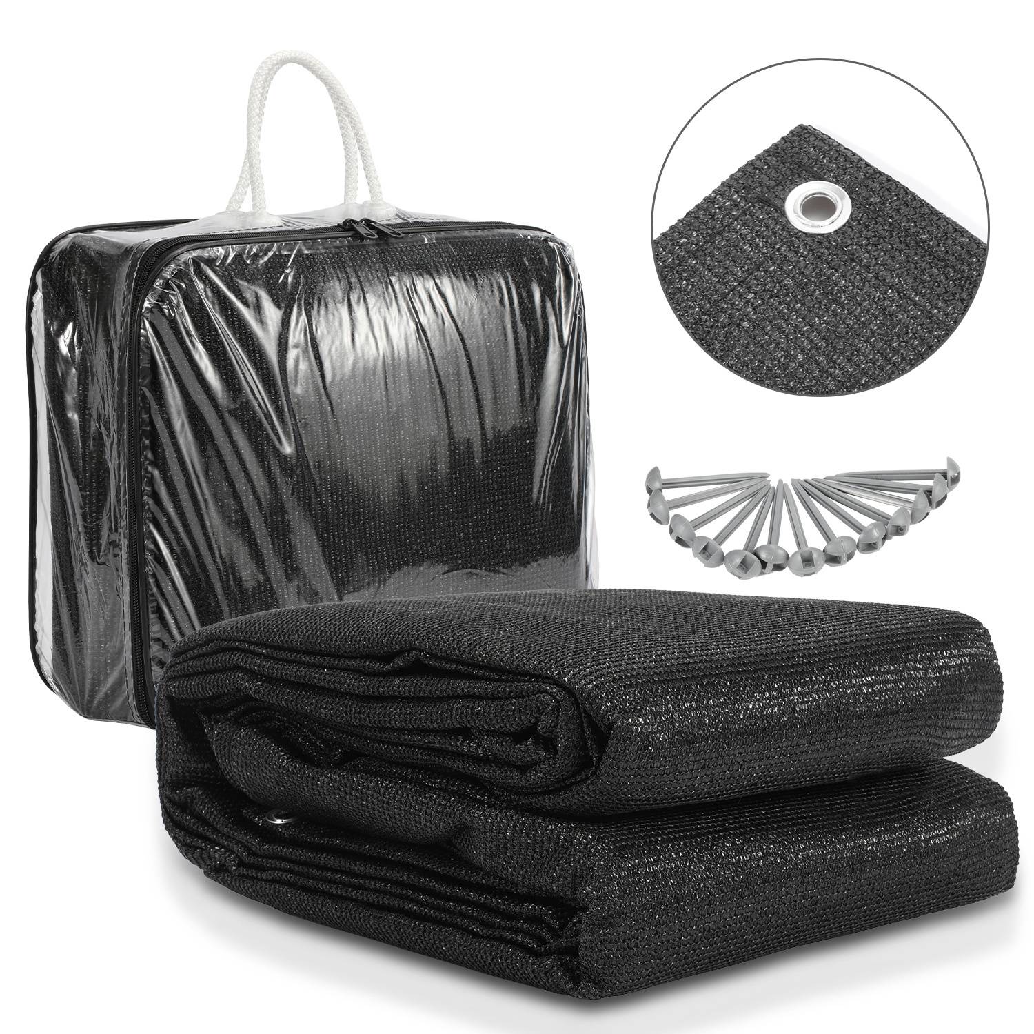 Schwarzes Schattengewebe mit Ösen für einfache Installation, gezeigt mit Tragetasche und Kabelbindern. Geeignet für Garten- oder Außenbereich.