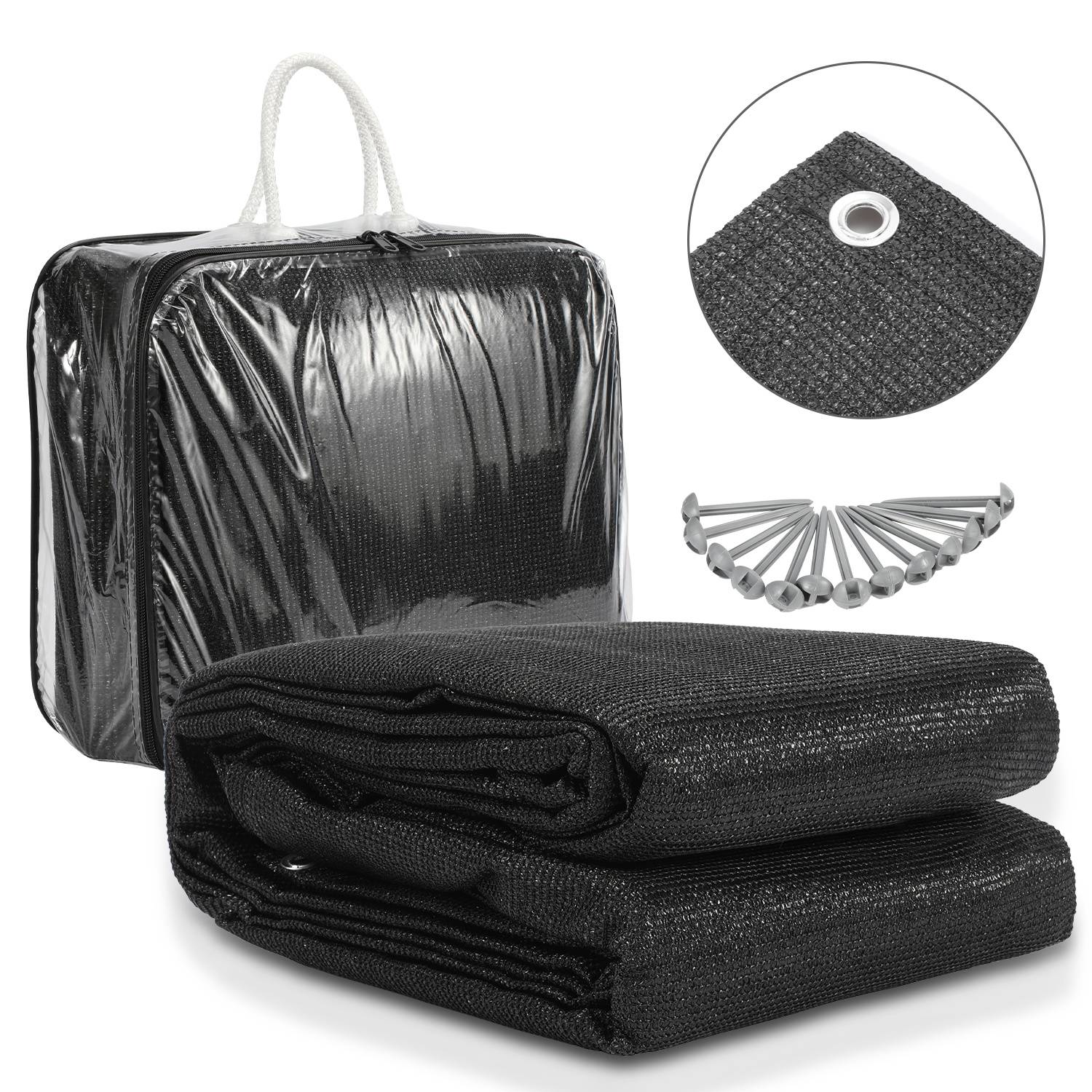 Schwarzes Sonnensegel-Set mit gefaltetem Maschengewebe, Tragetasche, verstärkter Ecköse und Montagezubehör.