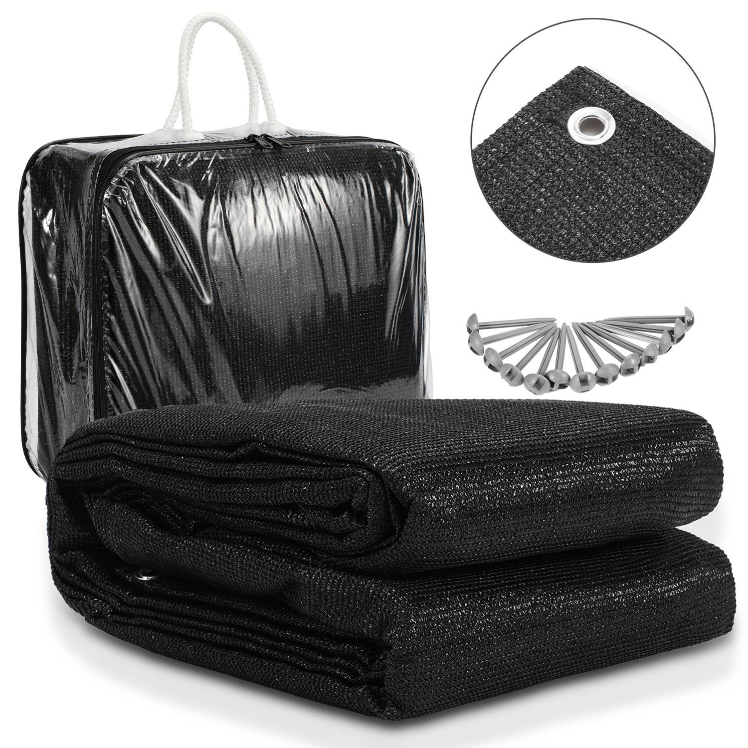 Schwarze Mesh-Plane zusammengefaltet, mit einer Nahaufnahme der Ösen, zusammen mit Heringe und einem Aufbewahrungsbeutel mit Griffen.