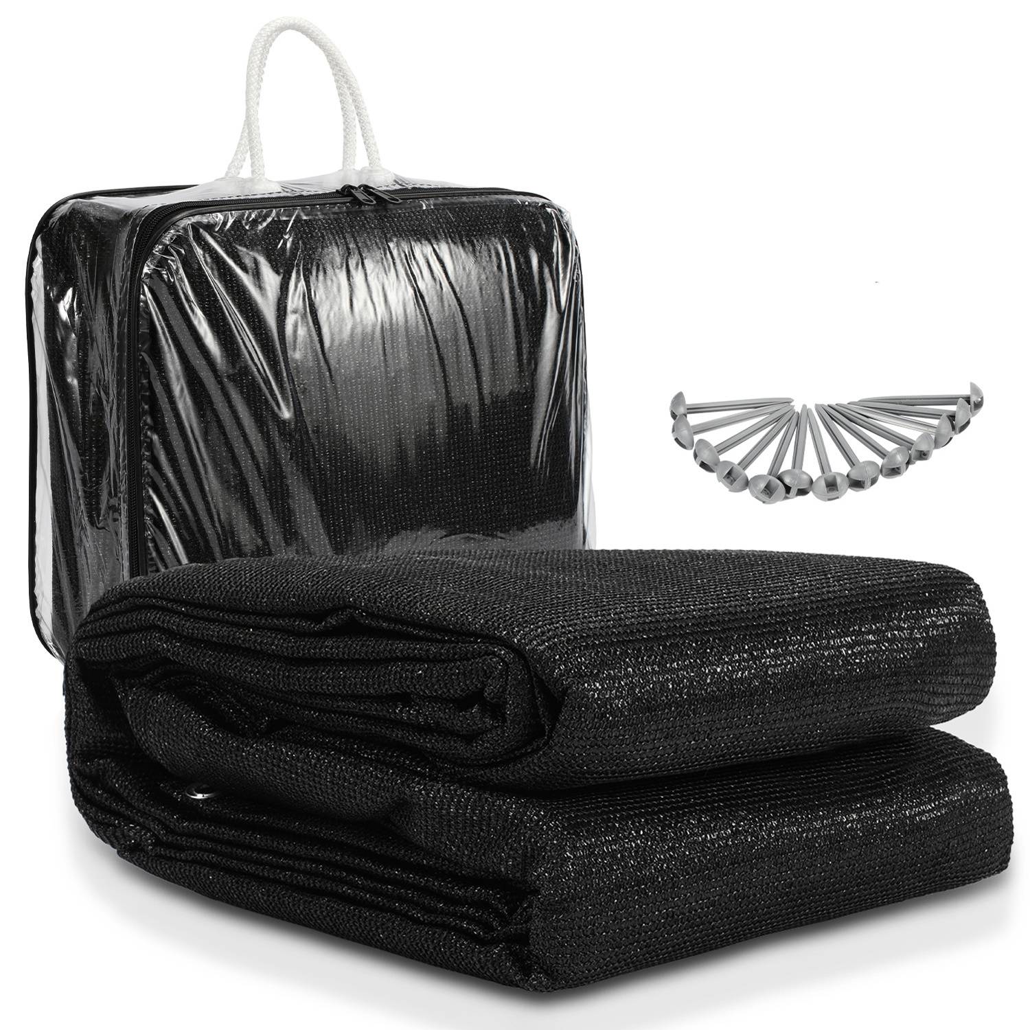 Schwarzes Schattentuch, gefaltet mit beiliegenden Metallklammern, neben einer transparenten Reißverschlusstasche mit Tragegriffen.