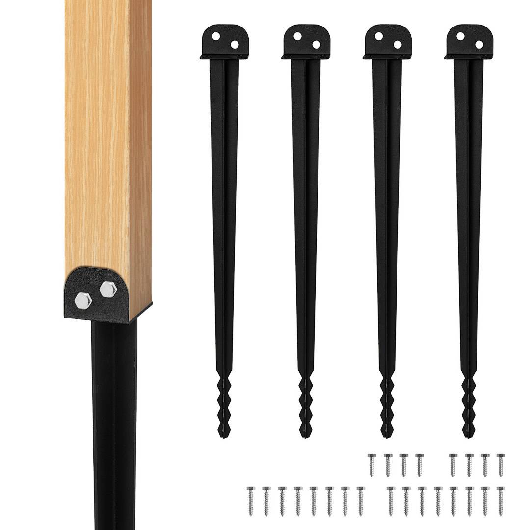 Ein Holzpfosten mit einer Metallfassung wird neben vier schwarzen Metallspitzen und einer Ansammlung von Schrauben gezeigt, was auf einen Bausatz hindeutet.