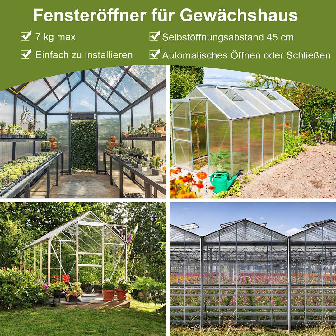 Eine Collage von Gewächshausbildern mit Texthervorhebungen: '7 kg max', 'Einfach zu installieren', 'Automatisches Öffnen oder Schließen'.