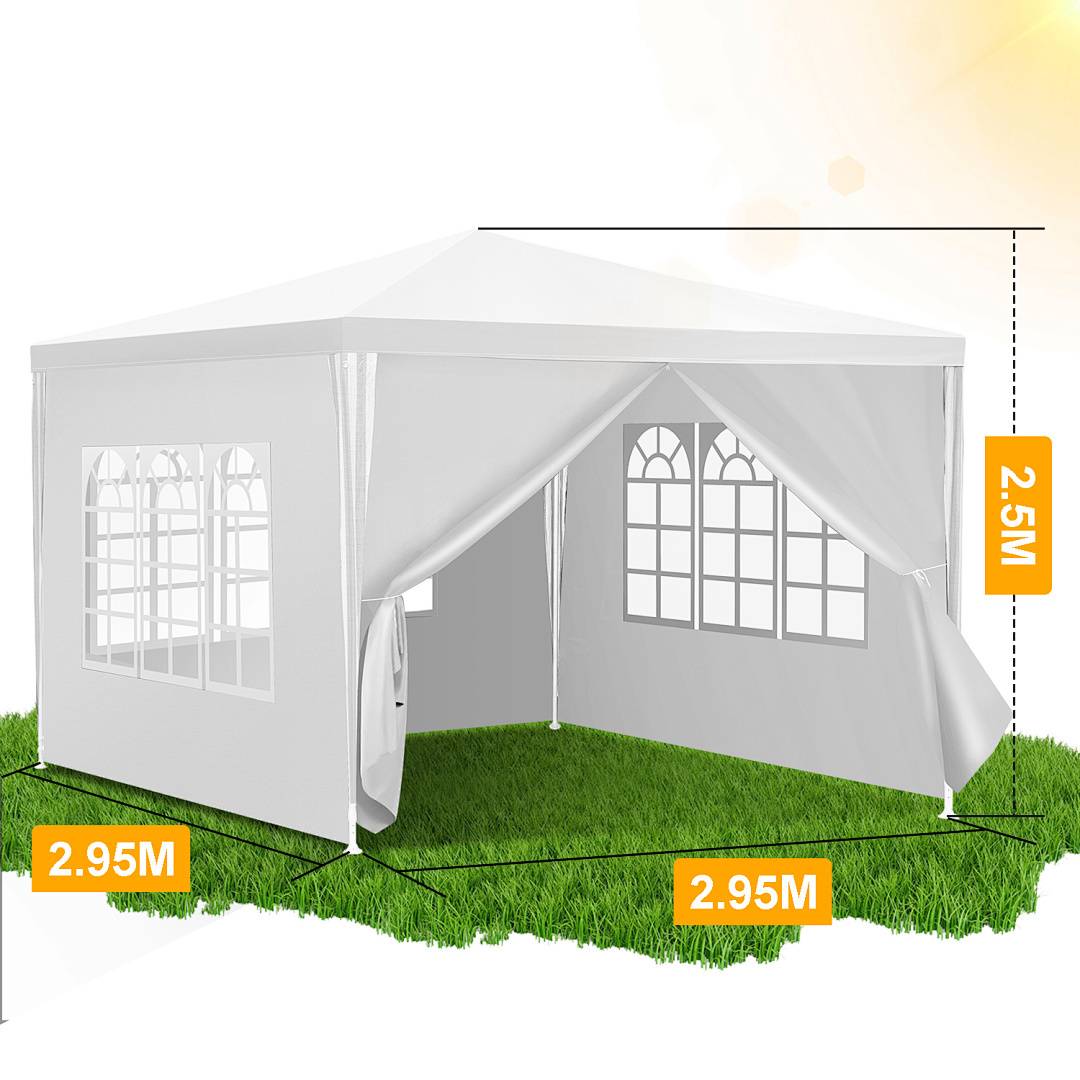 Ein weißes Outdoor-Pavillon-Zelt auf Rasen, mit einer Breite und Länge von 2,95 Metern und einer Höhe von 2,5 Metern.