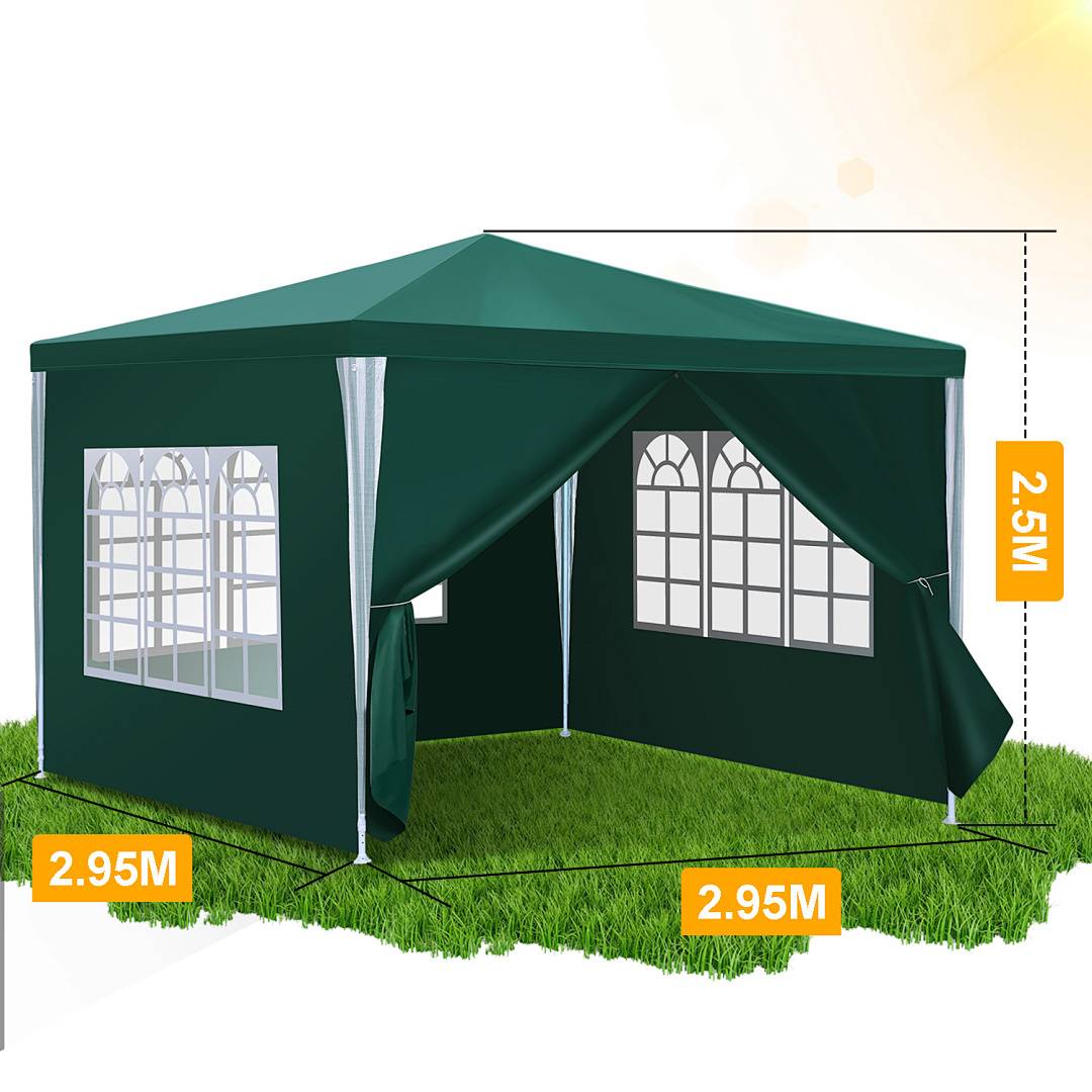 Grünes Pavillon-Zelt mit drei Wänden, zwei davon mit Fenstern, Abmessungen von 2,95m x 2,95m und einer Höhe von 2,5m, auf Rasen aufgestellt.