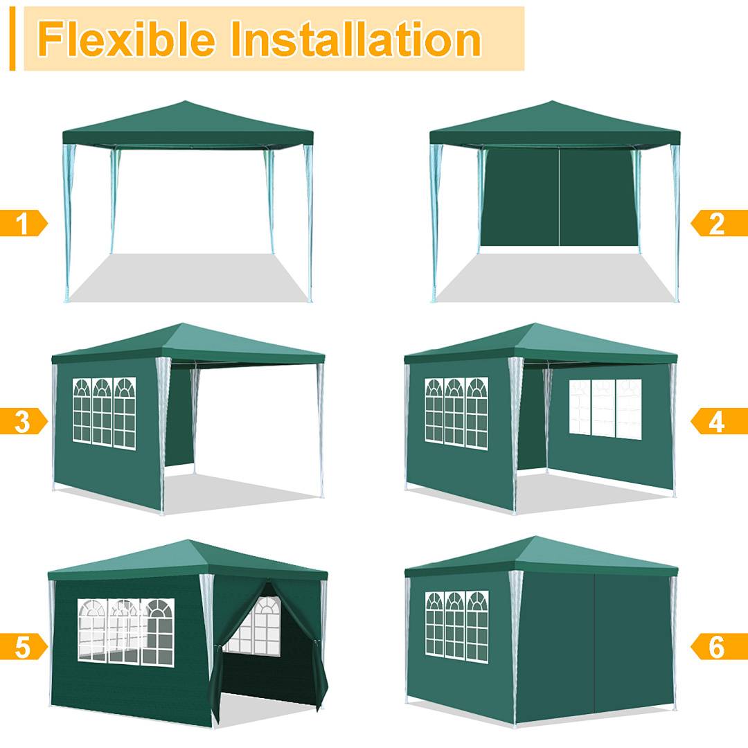 Zelt-Installationsanleitung in sechs Schritten mit flexiblen Konfigurationen, einschließlich offener, geschlossener und halb-geschlossener Seiten mit Fenstern.