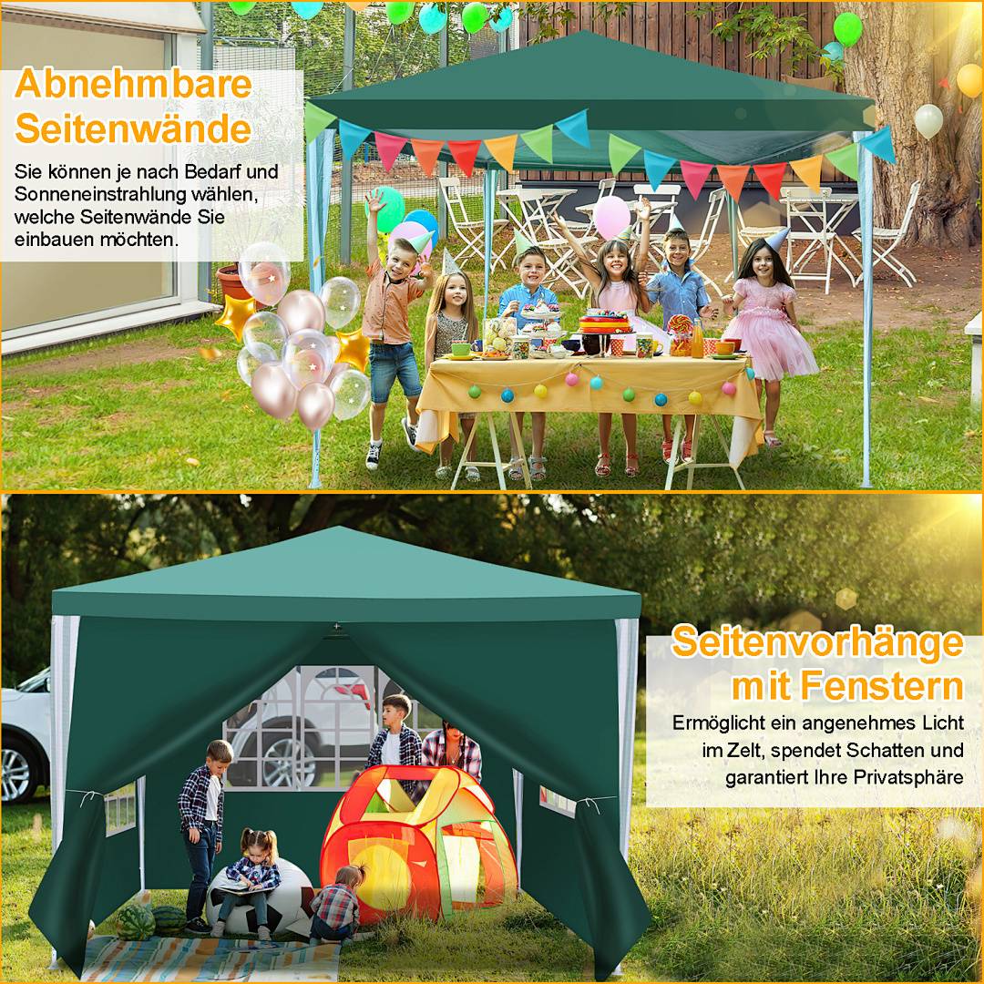 Ein grünes Zelt, unter dem Kinder spielen, steht neben einem Tisch, der mit Snacks und Getränken gedeckt ist. Luftballons und dekorative Elemente umrahmen die Szene.