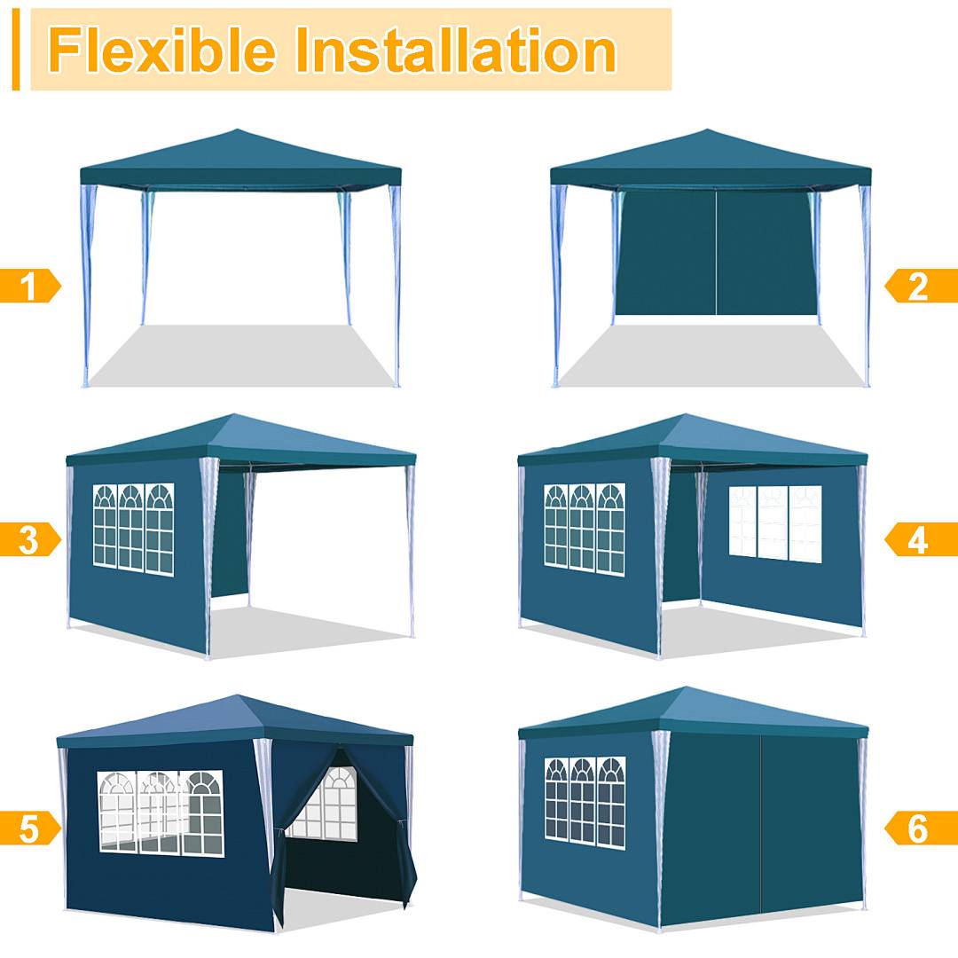 Zeltrahmen mit sechs flexiblen Installationskonfigurationen, einschließlich offener, geschlossener, mit Fenstern und Vorhangoption.