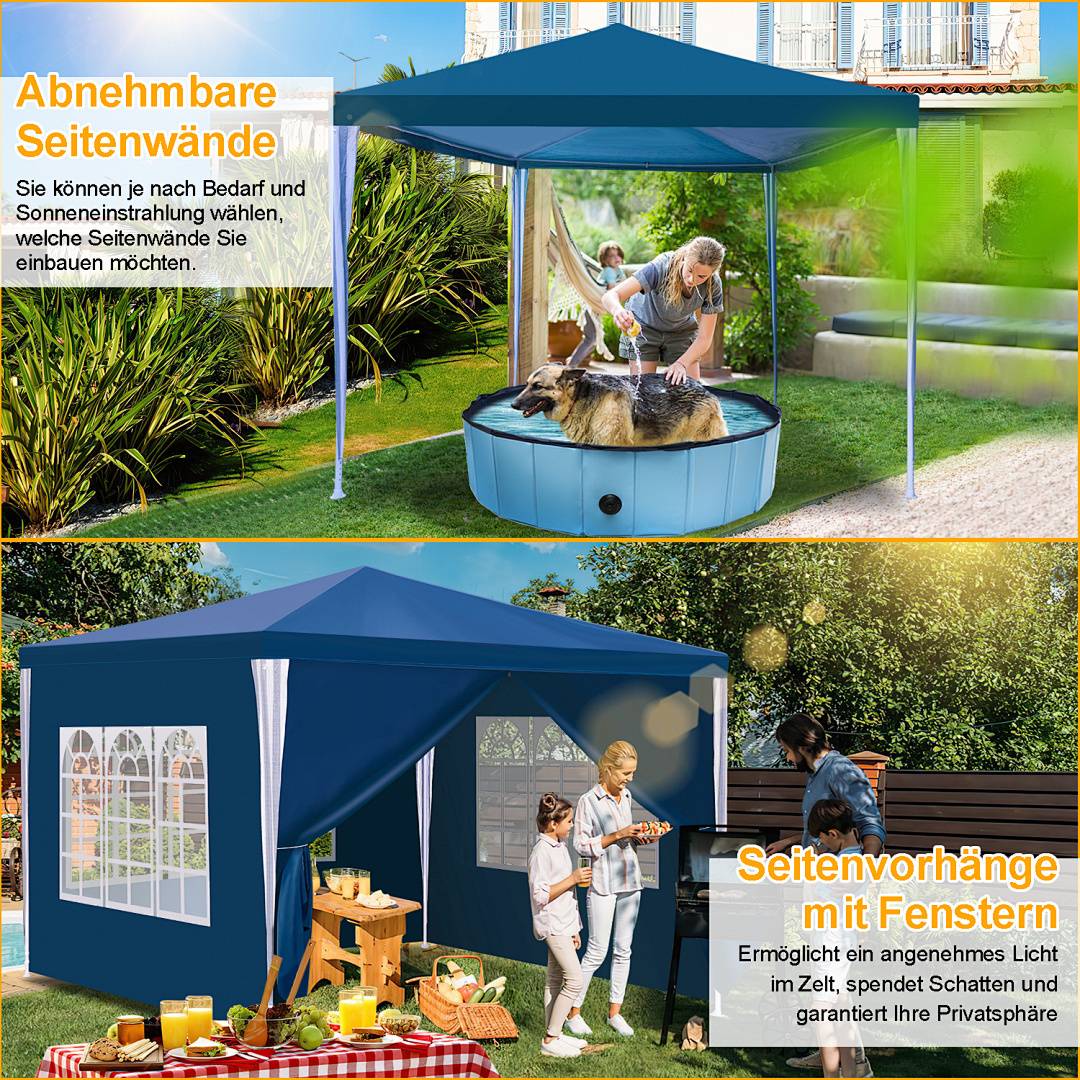 Das Bild zeigt einen blauen Pavillon mit abnehmbaren Seitenwänden. Der obere Abschnitt zeigt Menschen in einem Pool unter dem Pavillon. Der untere Abschnitt zeigt den Pavillon mit Fenstervorhängen, die Privatsphäre bieten.