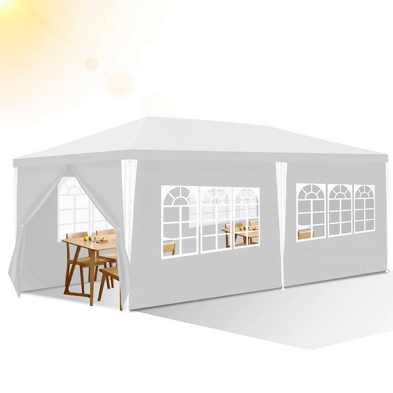 Weißes Outdoor-Pavillon-Zelt mit offener Vorderseite, Fenstern und einem kleinen Tisch im Inneren, in hellem Sonnenlicht gezeigt.