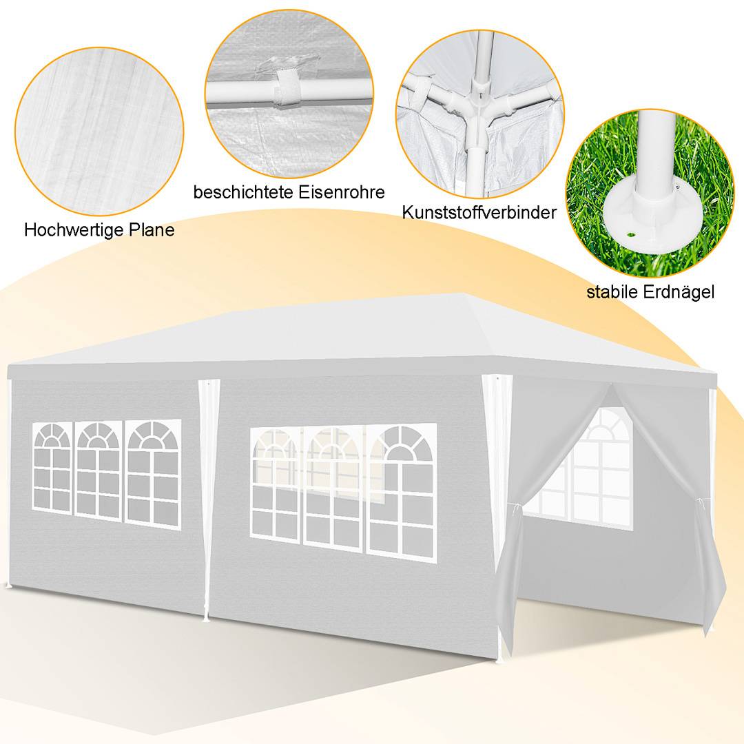Weißes Zeltdach mit Fenstern, beschriftete Merkmale: 'Hochwertige Plane', Eisenrohre, Plastikverbinder, stabile Bodenhaken.