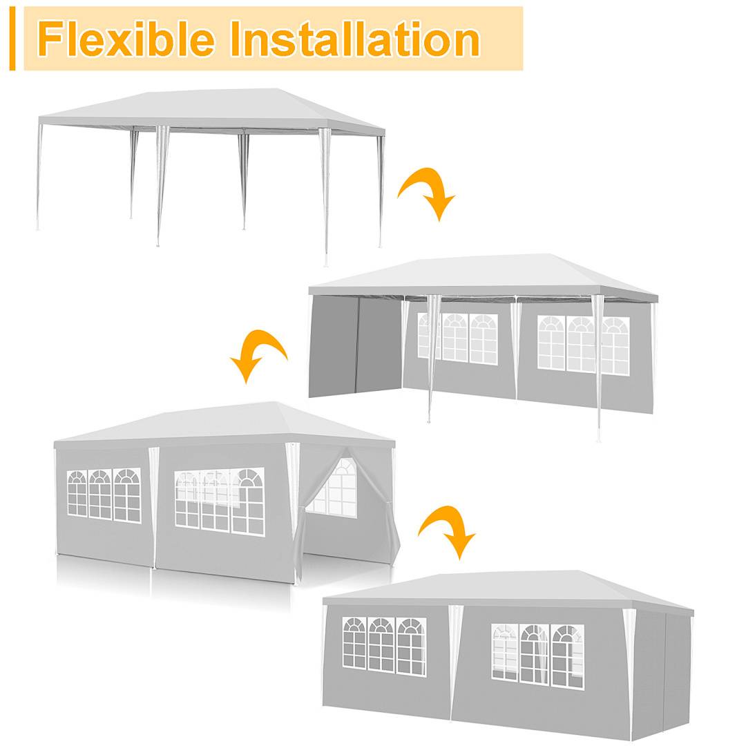 Banner mit der Aufschrift 'Flexible Installation' mit vier Zeltdiagrammen, die verschiedene Aufbauvarianten zeigen, von offener Überdachung bis hin zu vollständig geschlossenem Zelt mit Fenstern.