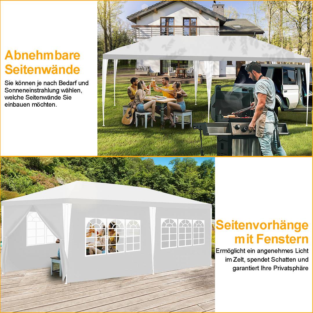 Ein Pavillon-Zelt, aufgebaut in einem Garten, mit abnehmbaren Seitenwänden. Menschen sind versammelt und machen ein Barbecue. Der Text hebt die Seitenwand-Optionen hervor.