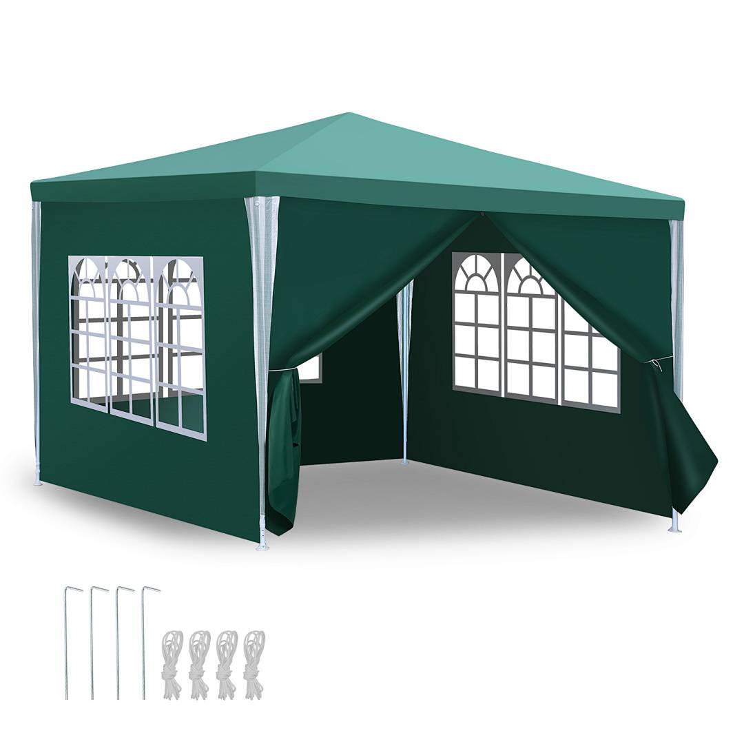 Ein grüner Outdoor-Pavillon mit Fenstern, ausgestattet mit einem Satteldach und teilweise offenen Seiten. Enthält Heringe und Seile zum Befestigen.