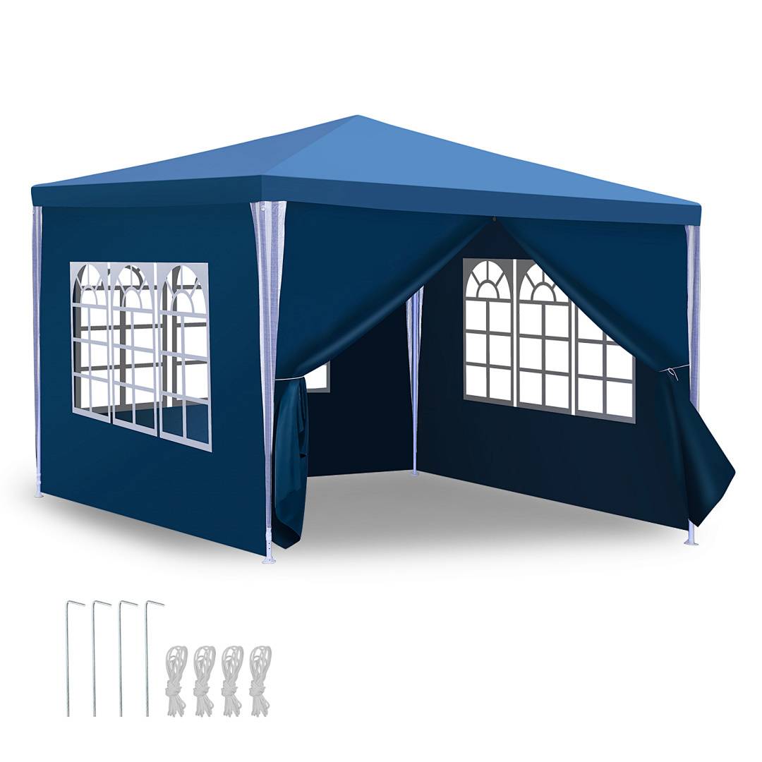 Ein blauer Outdoor-Pavillon-Zelt mit zwei Seitenpaneelen, die weiße Bogenfenster und zurückgebundene Eingangsklappen aufweisen. Inklusive Heringe und Seilen.