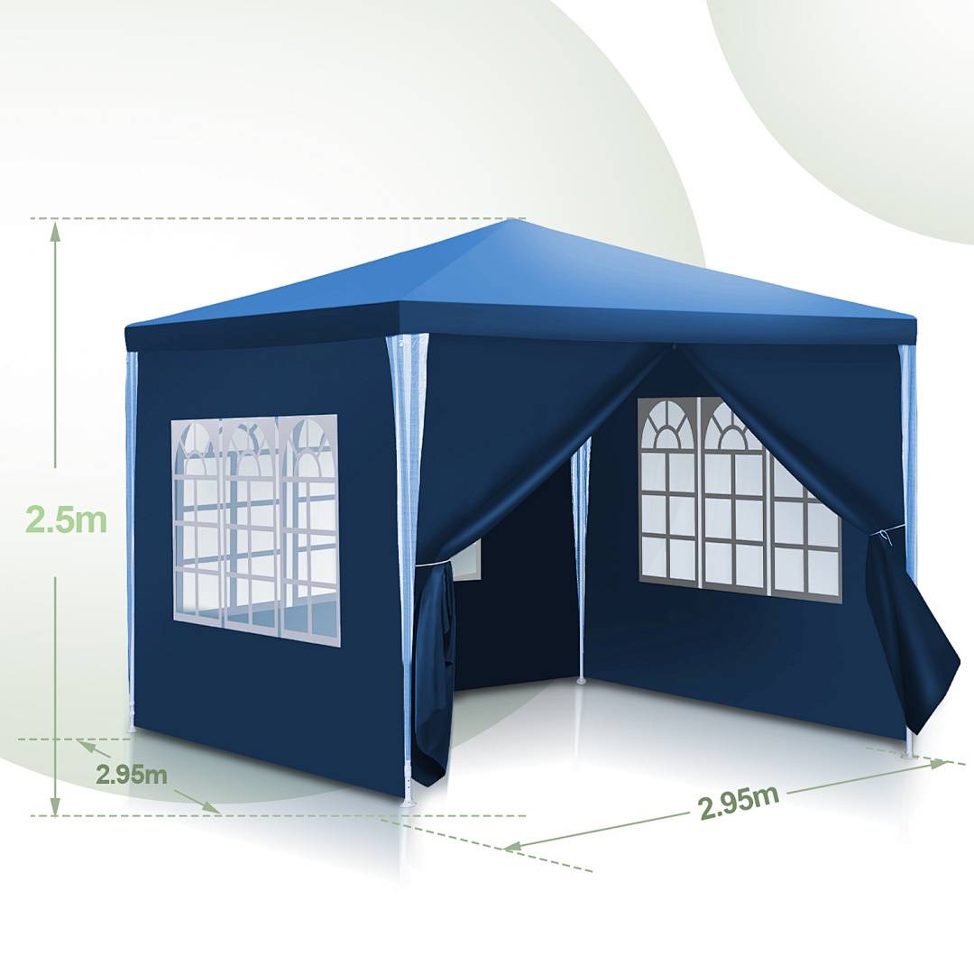 Ein blauer Outdoor-Zelt mit drei Fensterpaneelen und zwei offenen Seiten. Die Abmessungen betragen 2,95 m x 2,95 m x 2,5 m. Geeignet für Veranstaltungen oder Zusammenkünfte.