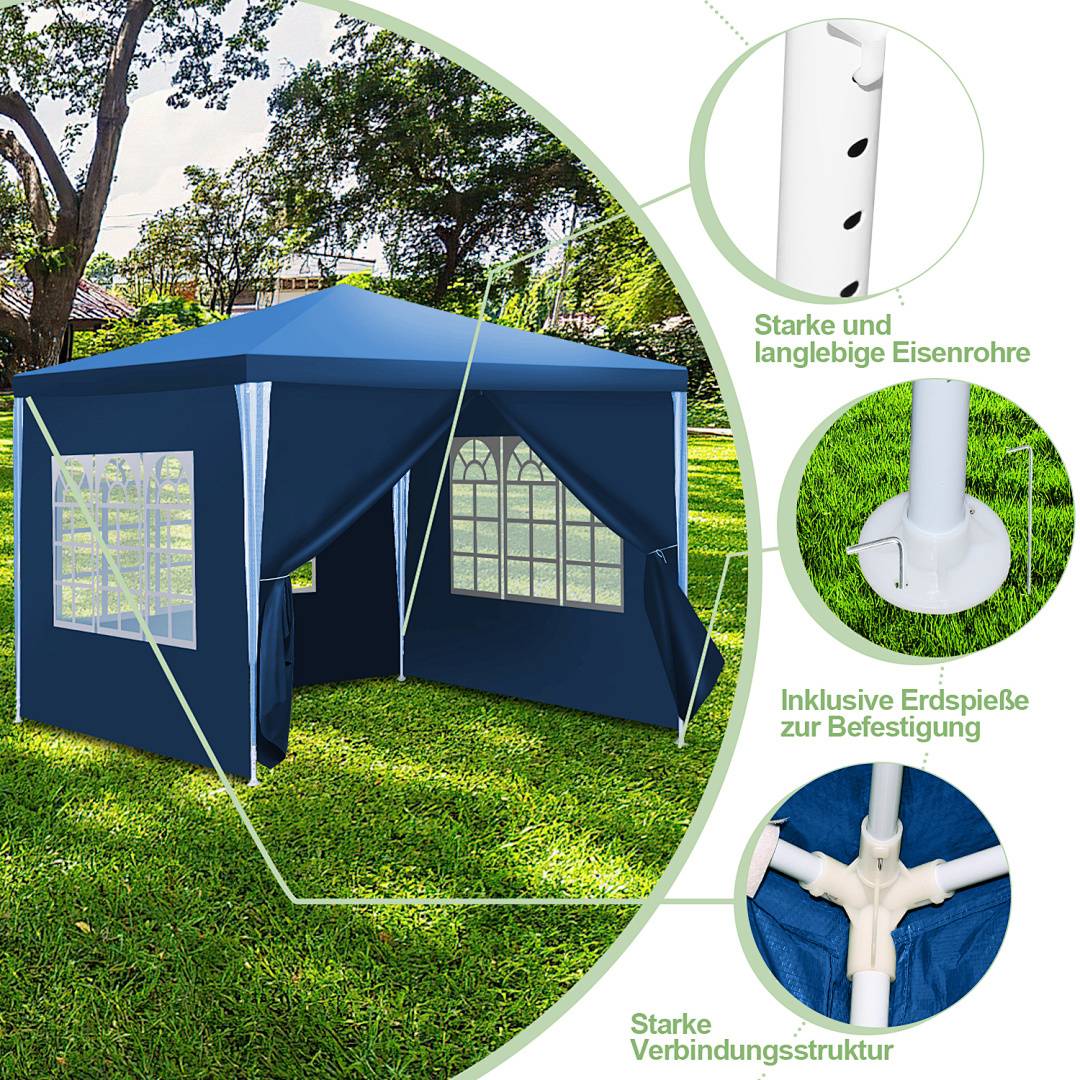 Ein blauer Outdoor-Pavillon mit Fenstern steht auf Gras und zeigt seine robusten Eisenstangen, Erdspieße und Verbindungsstruktur.