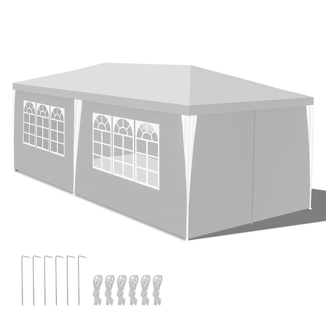 Ein großes, zusammengebautes Outdoor-Zelt mit Seitenwänden, die Bogenfenster aufweisen, ist zu sehen. Enthalten sind Metallheringe und Nylonseile zum Befestigen.