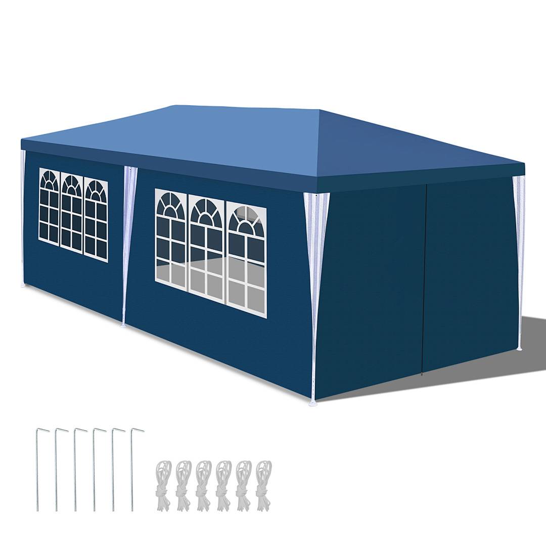 Ein großes blaues Outdoor-Zelt mit zwei fensterbewehrten Wänden. Es ist auf einer ebenen Fläche aufgebaut, mit Heringen und Seilen in der Nähe zum Befestigen.