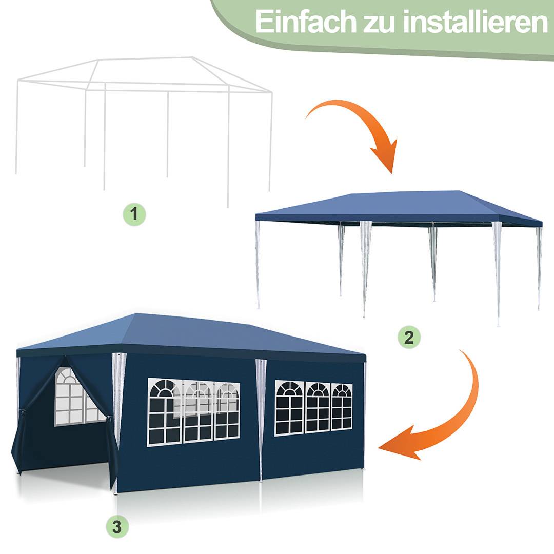 Schritte zur einfachen Installation: 1. Zeltrahmenumriss, 2. Baldachin hinzugefügt, 3. Vollständig montiertes blaues Zelt mit Fensterseitenwänden.