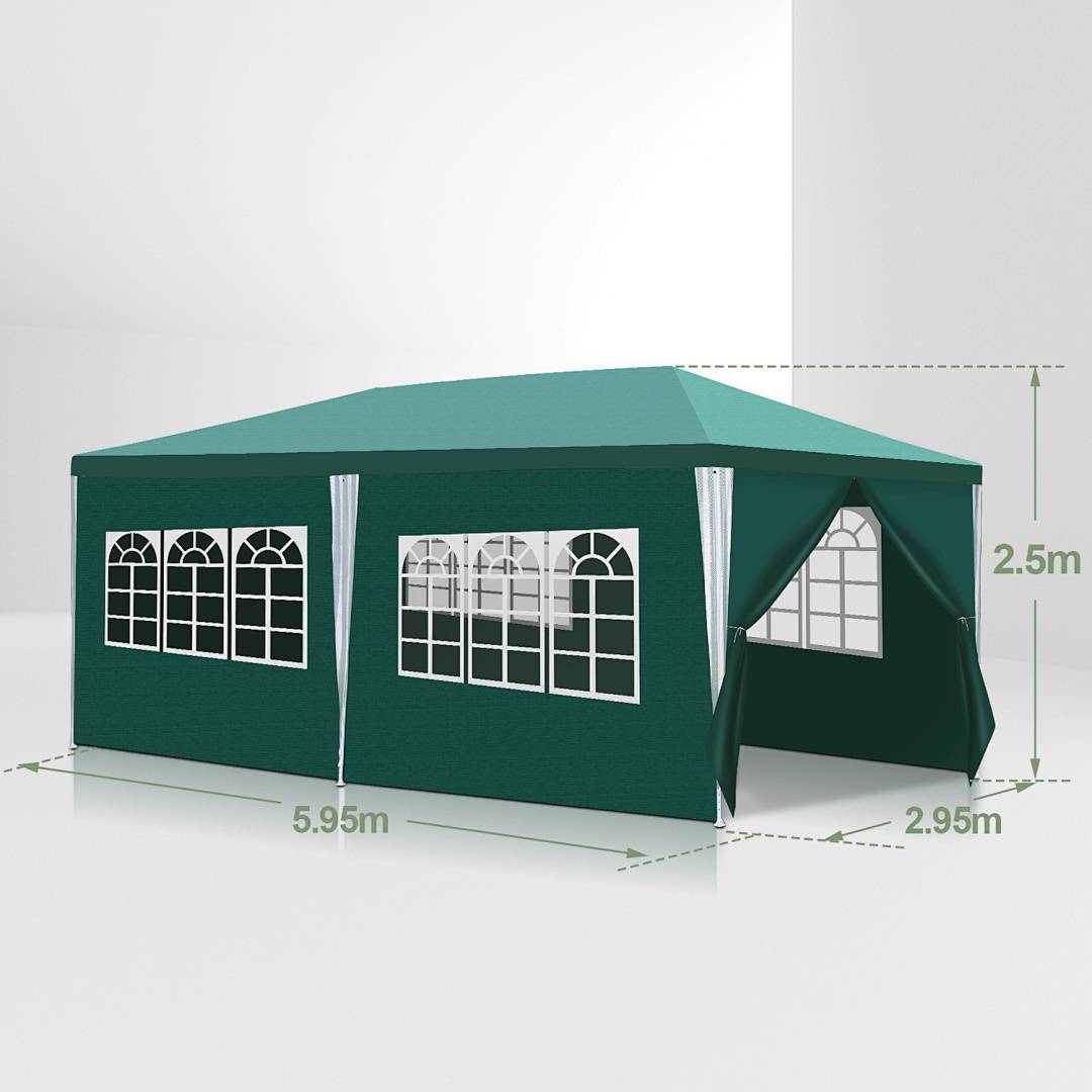 Ein grünes Outdoor-Zelt mit bogenförmigen Fenstern an den Seiten, misst 5,95 m in der Länge, 2,95 m in der Breite und 2,5 m in der Höhe.