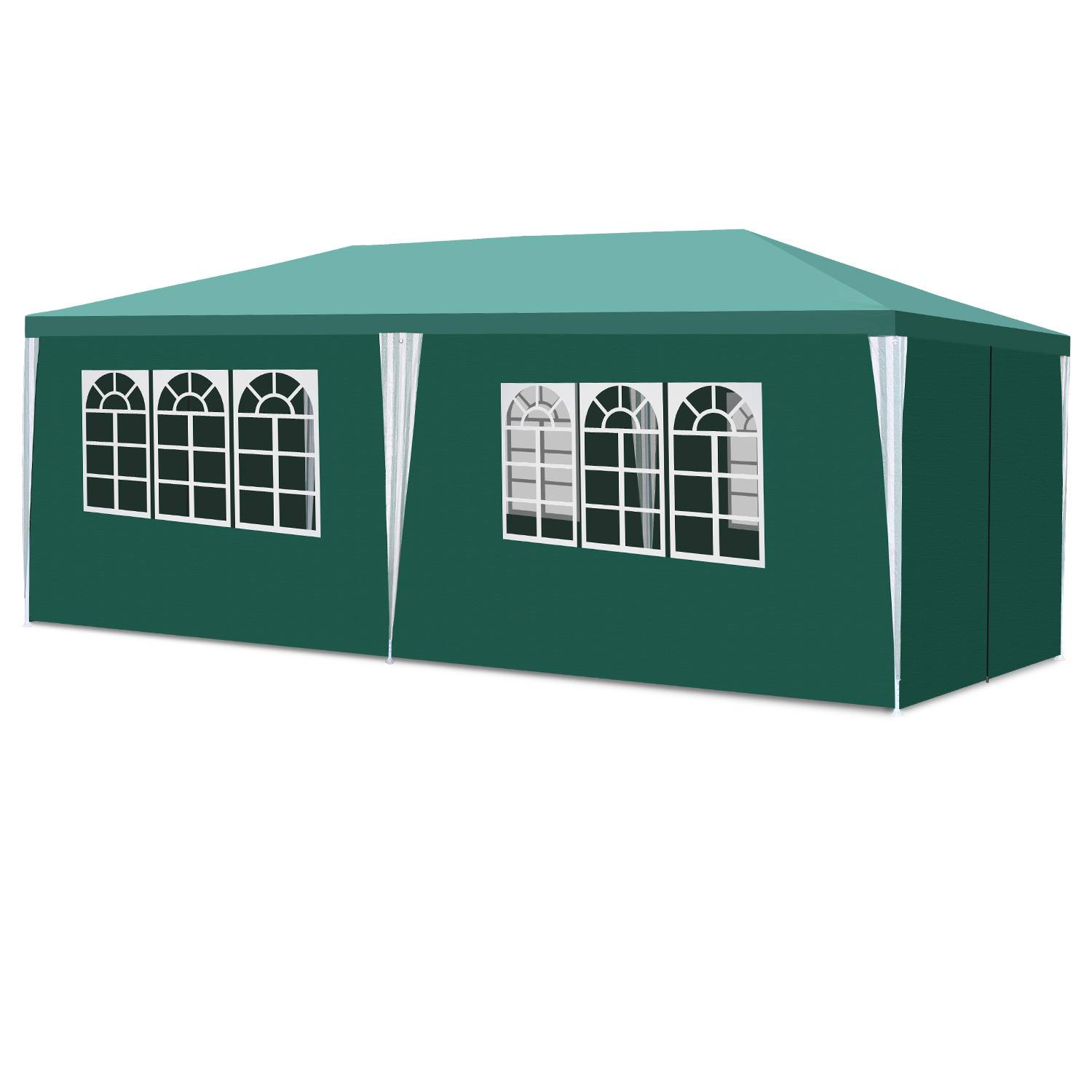 Ein grünes Outdoor-Pavillon-Zelt mit weißem Gestell und Bogenfenstern an den Seitenpaneelen, konzipiert für Veranstaltungen oder Zusammenkünfte.