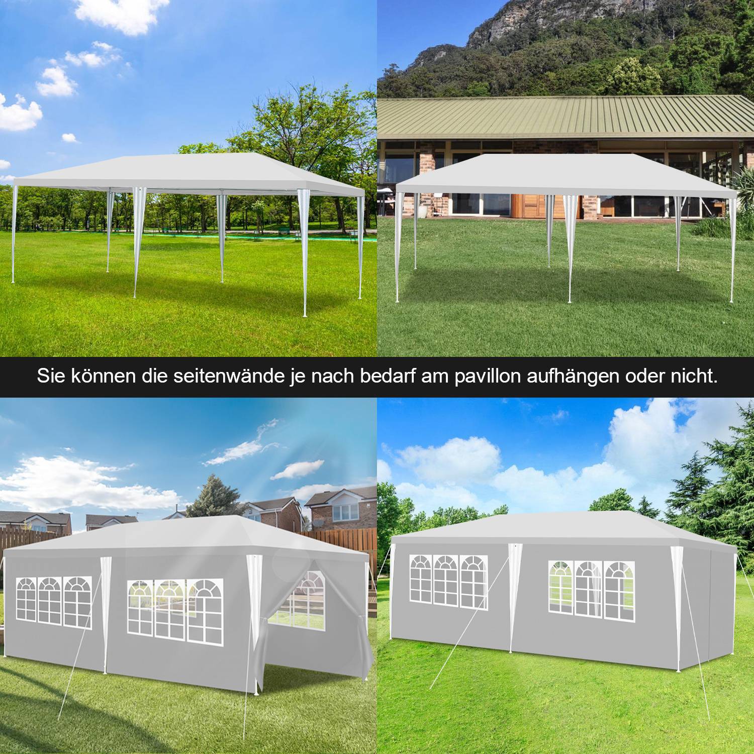 Das Bild zeigt vier verschiedene Ansichten von weißen Outdoor-Pavillons in Rasenflächen, mit und ohne Seitenpaneele für flexible Nutzung.