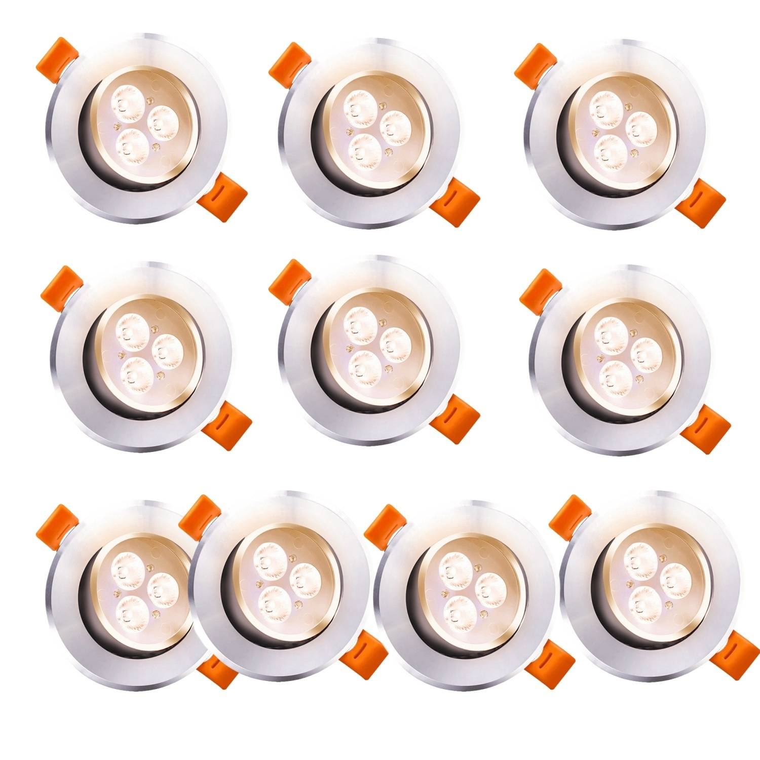 Neun runde LED-Downlights mit jeweils drei Glühbirnen, in einem Rastermusters auf weißem Hintergrund angeordnet, mit orangefarbenen Clips an den Seiten.
