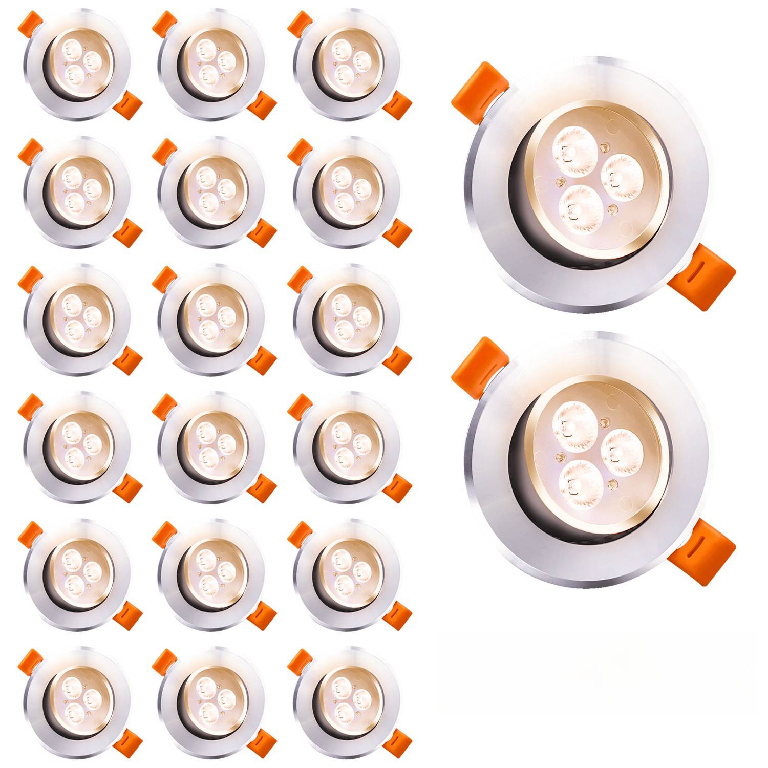 Achtzehn eingelassene LED-Deckeneinbauleuchten mit weißem Rand und orangefarbenen Clips sind in einem Rastermusster angeordnet und zeigen ihre kreisrunde Gestaltung.