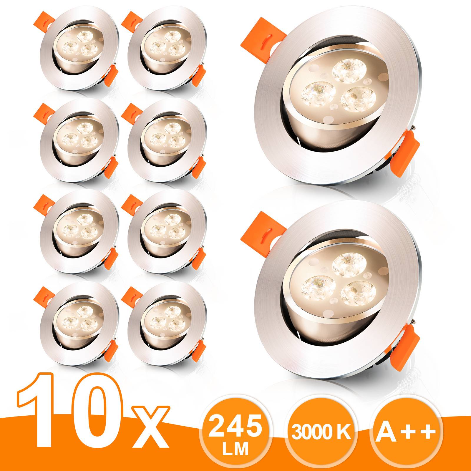 10x LED-Einbauspots, 245 Lumen, 3000K, Energieeffizienzklasse A++, in zwei verschiedenen Perspektiven dargestellt, mit Hervorhebung der Designmerkmale.