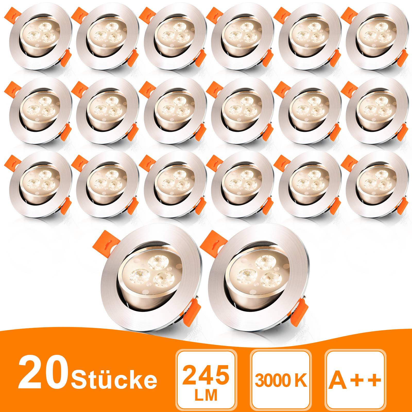 20 Stücke' LED-Einbaustrahler, 245 Lumen, 3000 Kelvin, Energieeffizienzklasse A++. Zwanzig einzelne Lampen angeordnet, jede mit drei LEDs.