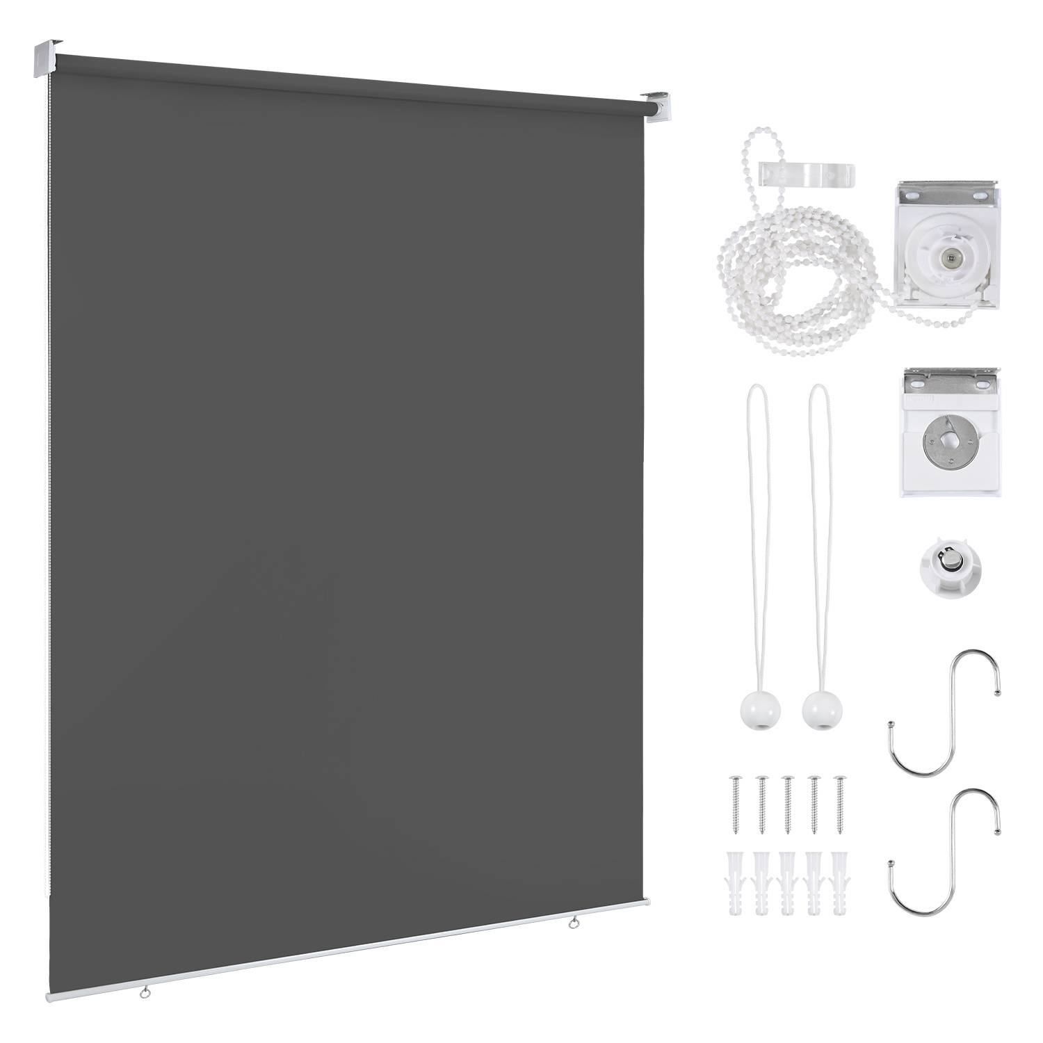 Ein dunkelgrauer Sichtschutz mit Montageausrüstung, einschließlich Wandhalterungen, Schrauben und Zugschnüren, daneben angeordnet.