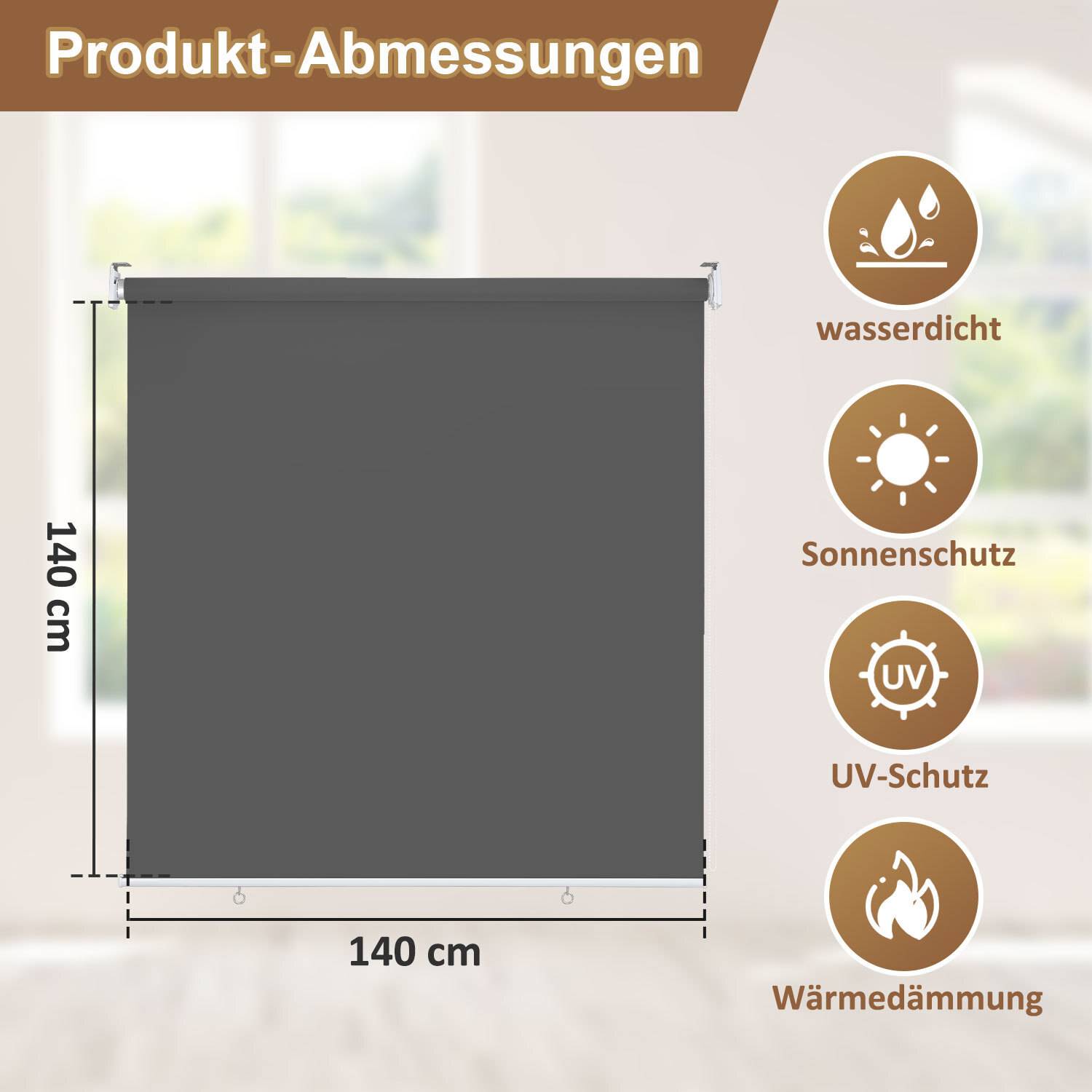 Senkrechtmarkise Anthrazit 140 x 140cm Vertikalmarkise für Terrasse Balkon Seitenrollo Sichtschutz Sonnenschutz UV-Beständig
