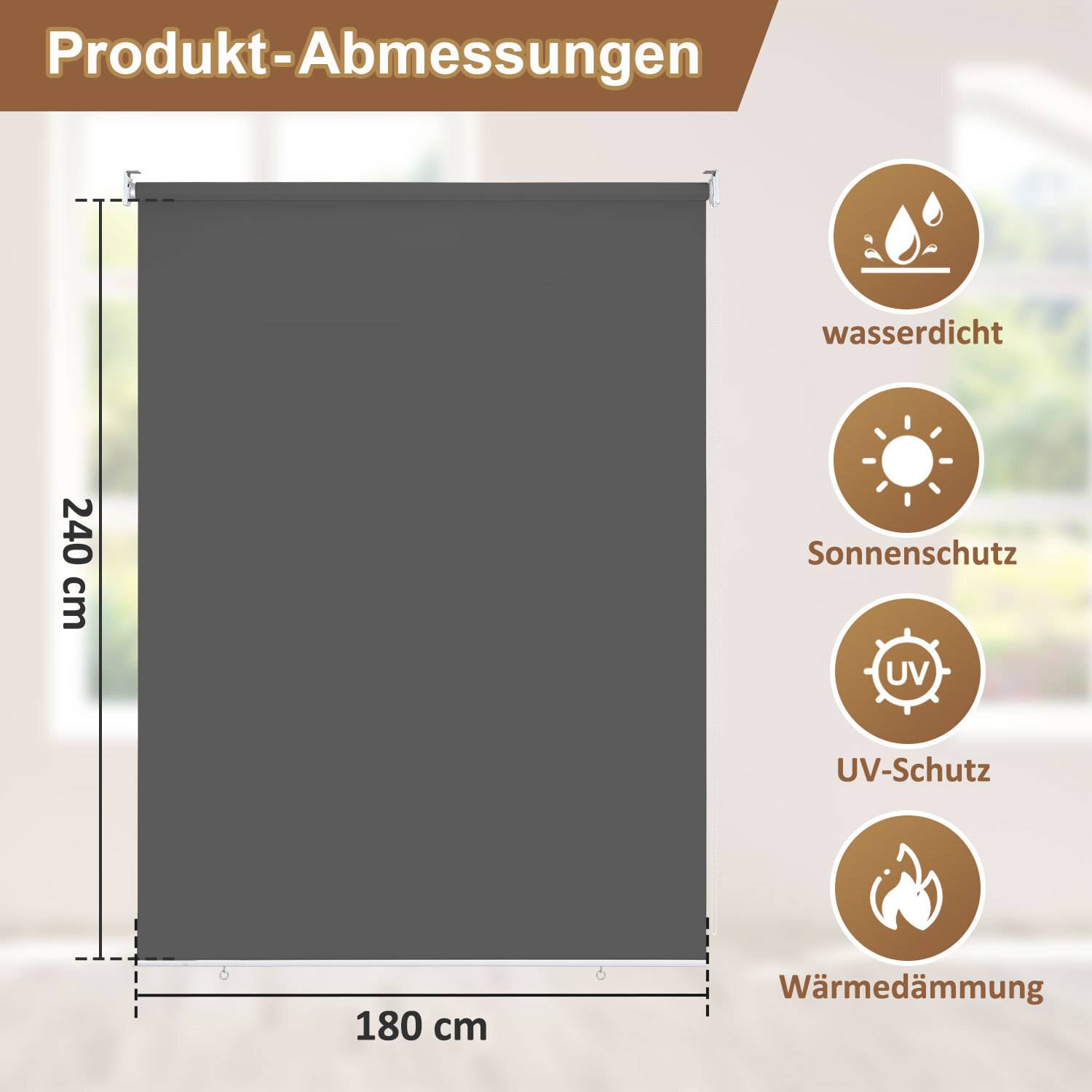 Ein grauer Rollo mit den Abmessungen 240 cm x 180 cm. Zu den Eigenschaften gehören 'wasserdicht', 'Sonnenschutz', 'UV-Schutz' und 'Wärmedämmung'.