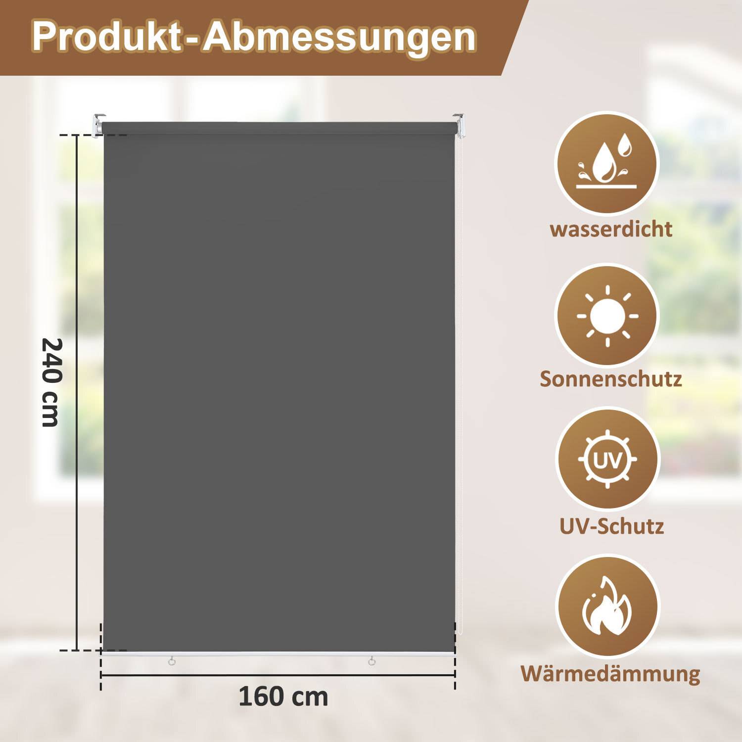 Ein brauner Rollo misst 160 cm breit und 240 cm hoch. Symbole zeigen folgende Eigenschaften: „wasserdicht