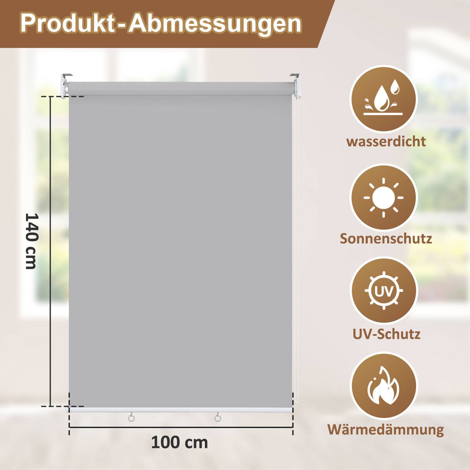 Ein Rollo mit einer Breite von 100 cm und einer Höhe von 140 cm. Zu den Eigenschaften gehören 'wasserdicht', 'Sonnenschutz', 'UV-Schutz' und 'Wärmedämmung'.