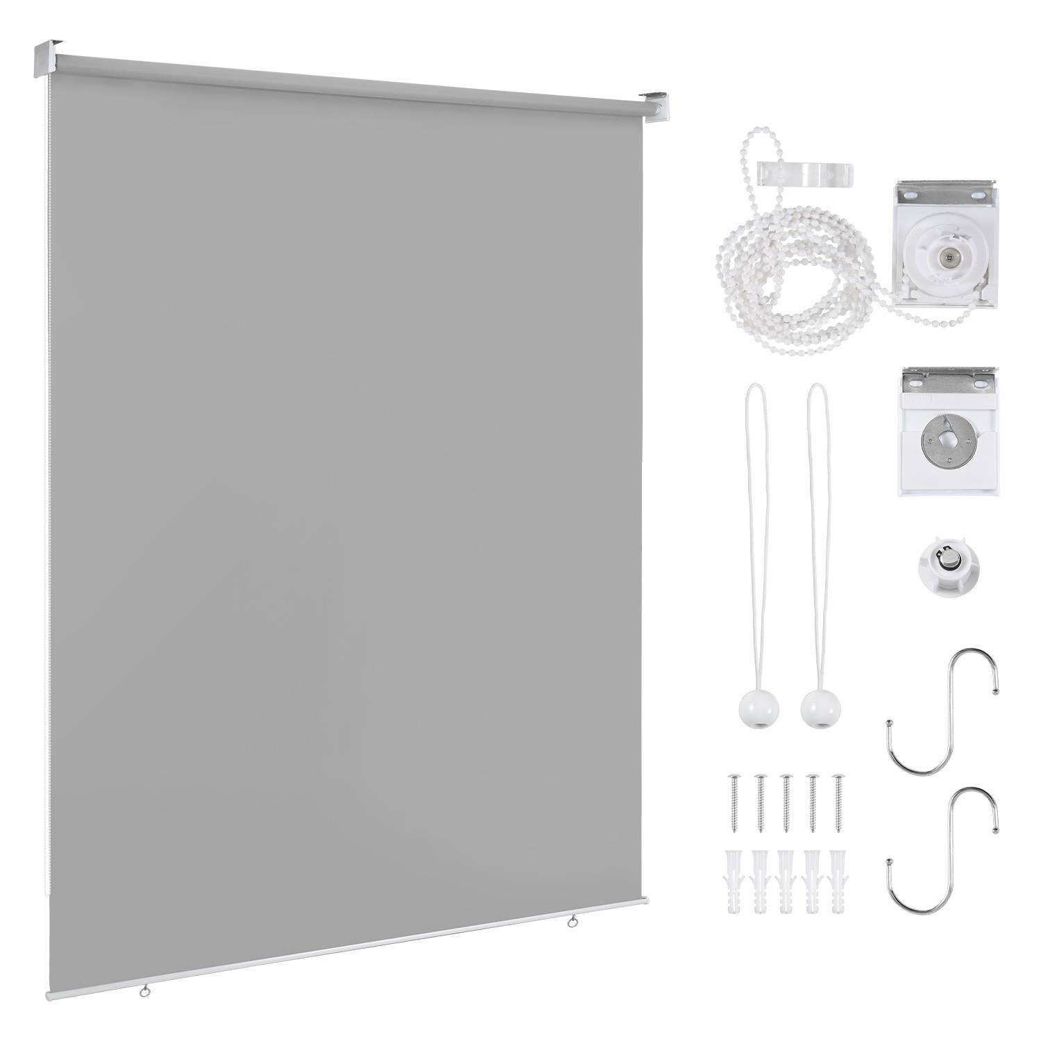 Ein grauer Rollo mit Seitenzugkettenmechanismus, Halterungen, Schrauben, Haken und Montageanleitung. Geeignet für die Fensterinstallation.