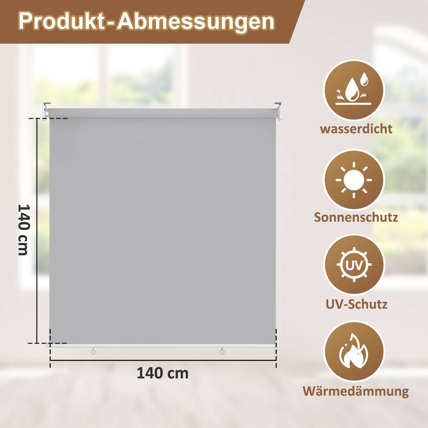 Rollo mit den Maßen 140 cm x 140 cm, gekennzeichnet unter 'Produkt-Abmessungen', mit Symbolen für Wasserdichtigkeit, Sonnenschutz, UV-Schutz und Wärmedämmung.
