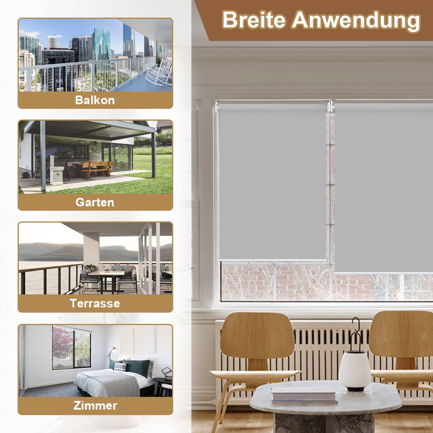 Vertikale Jalousien in Hausumgebungen dargestellt: Balkon, Garten, Terrasse, Zimmer. Text lautet 'Breite Anwendung', was auf vielfältige Einsatzmöglichkeiten hinweist.