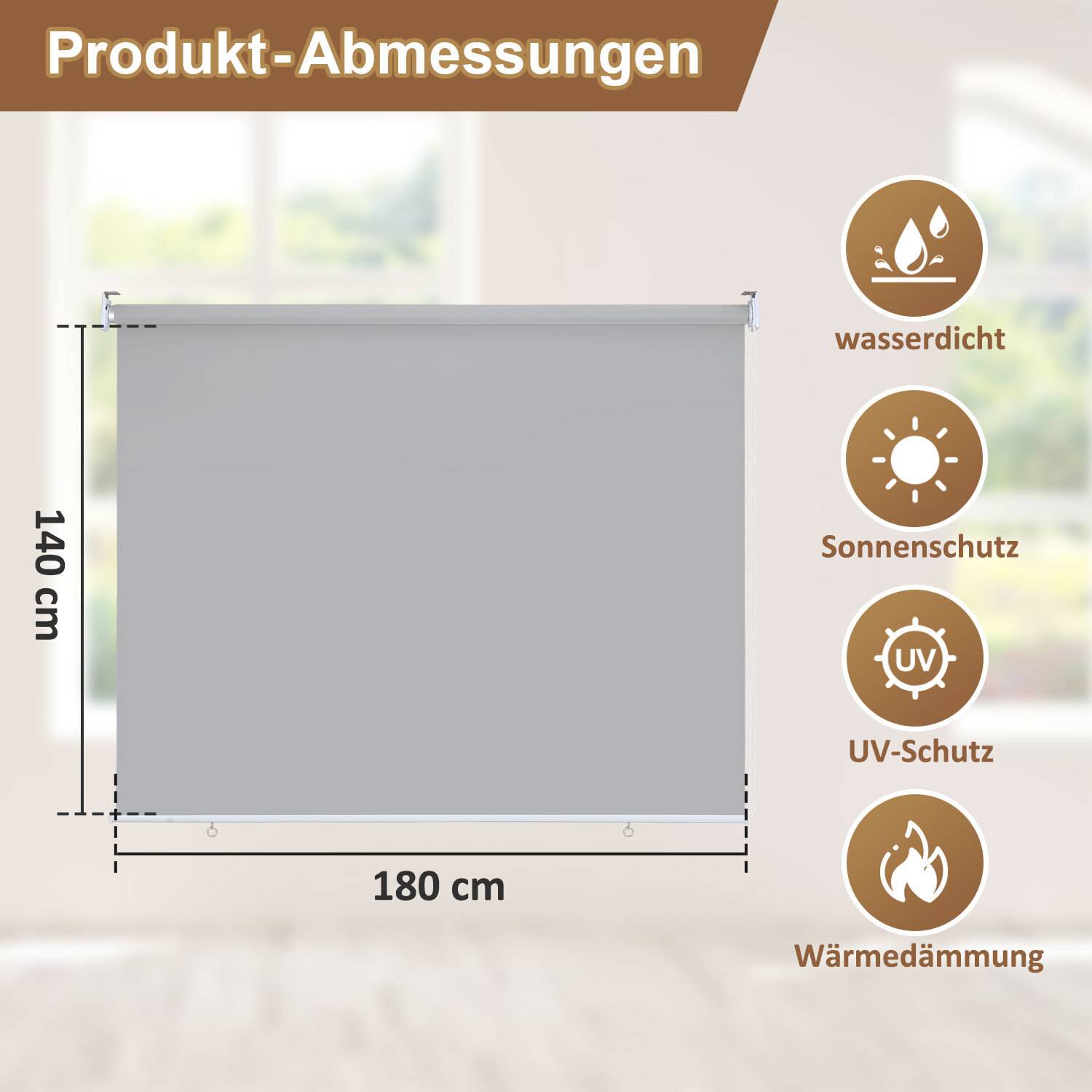 Die Abbildung zeigt einen grauen Rollo mit einer Breite von 180 cm und einer Höhe von 140 cm und den folgenden Eigenschaften: wasserdicht, Sonnenschutz, UV-Schutz und Wärmedämmung.
